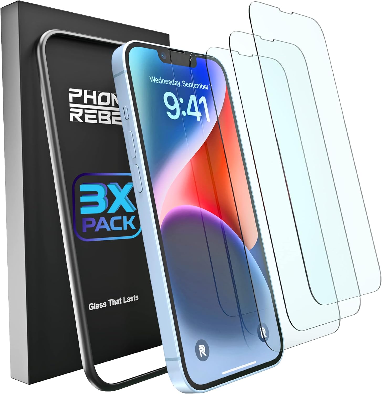 REBEL Protector de pantalla de teléfono para iPhone 14iPhone 13iPhone 13 Pro 6.1 pulgadas paquete de 3 ultra resistente 0.016 in, antiroturas,