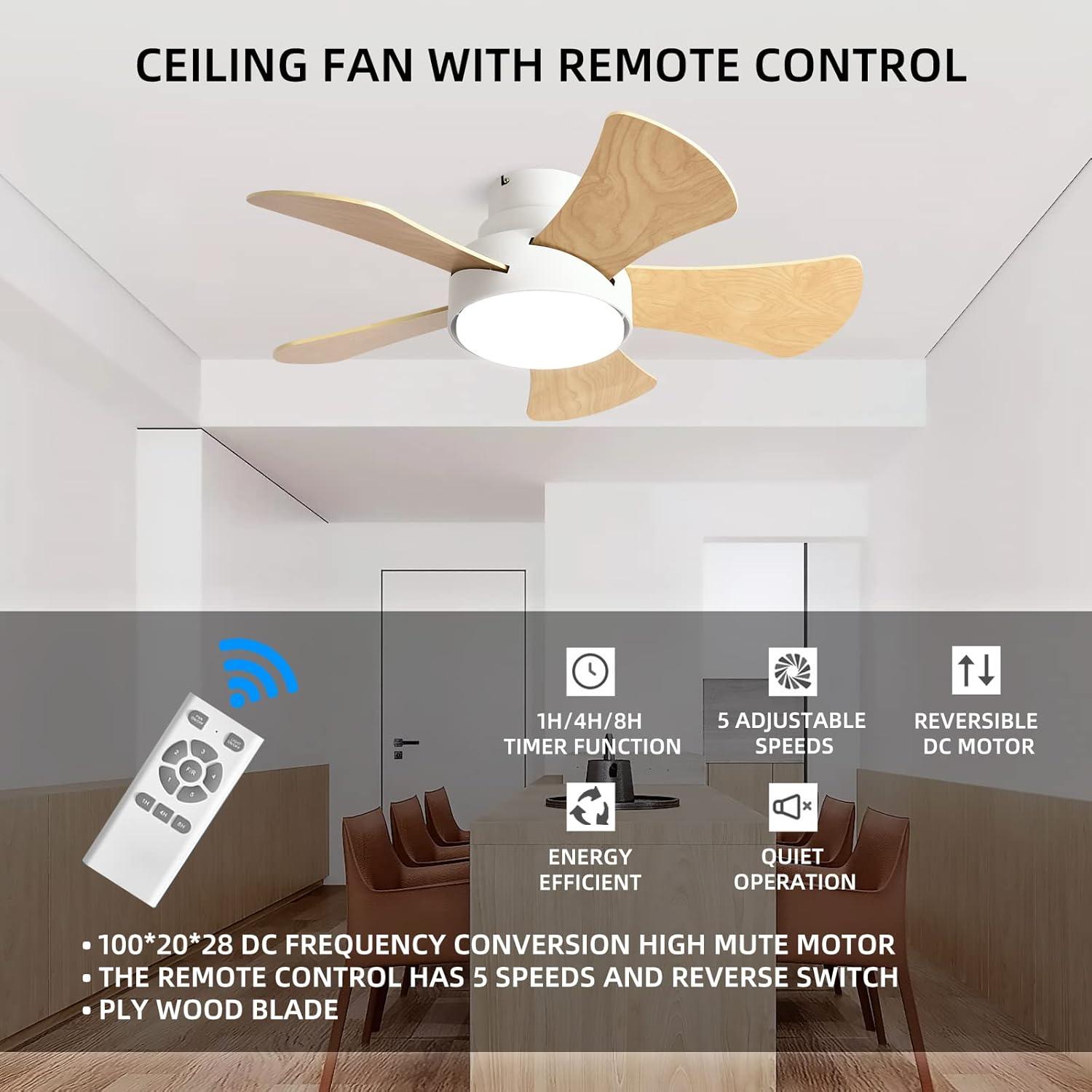 AISEHOUSIN Ventilador de techo con luz, control remoto para ventiladores de techo interiores, ventilador de techo moderno de 32 pulgadas, motor CC
