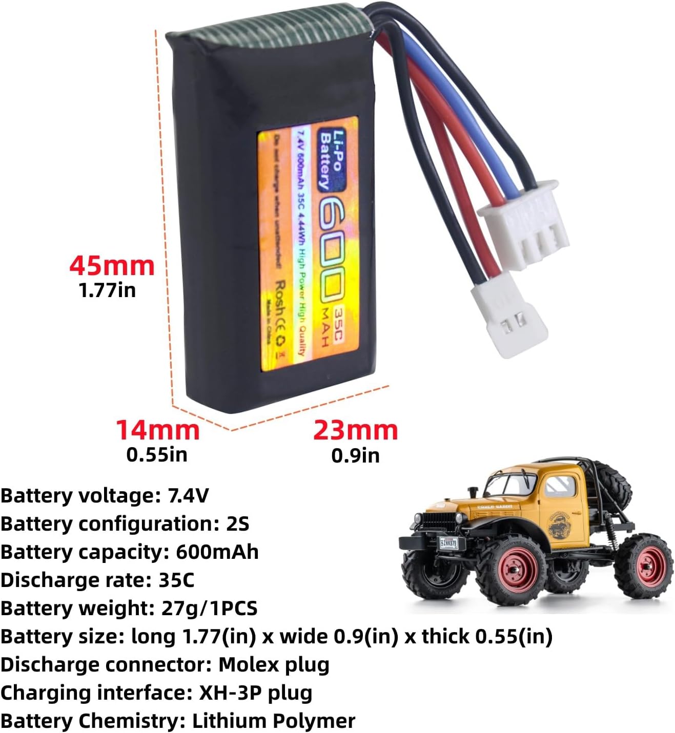 sea jump Batería Lipo de 2 piezas de 7.4 V 600 mAh 35C 2S con enchufe Molex adecuada para FMS FCX24 RC coches, camiones, vehículos eléctricos de
