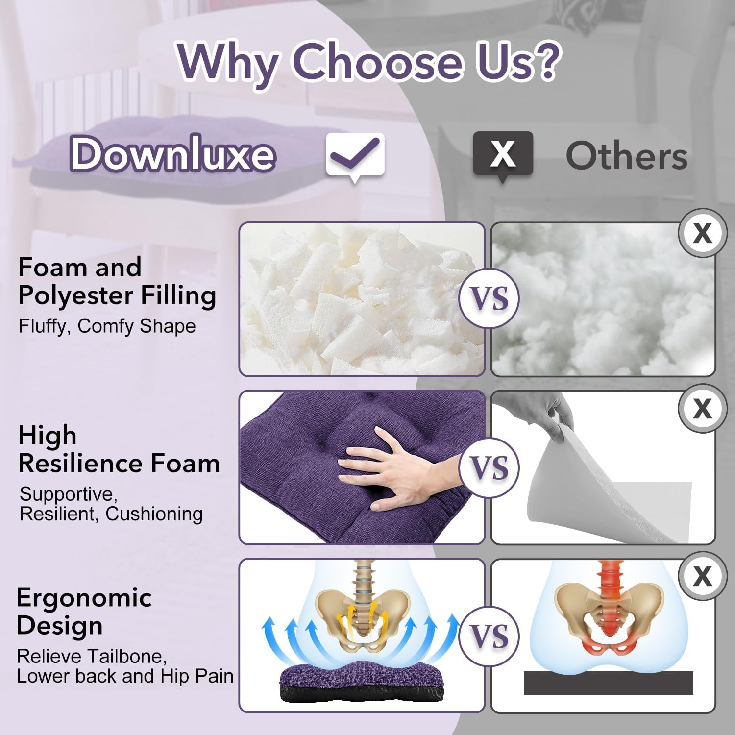 downluxe Cojines para sillas de interior para sillas de comedor, almohadillas de espuma viscoelástica texturizadas para sillas de cocina con lazos y