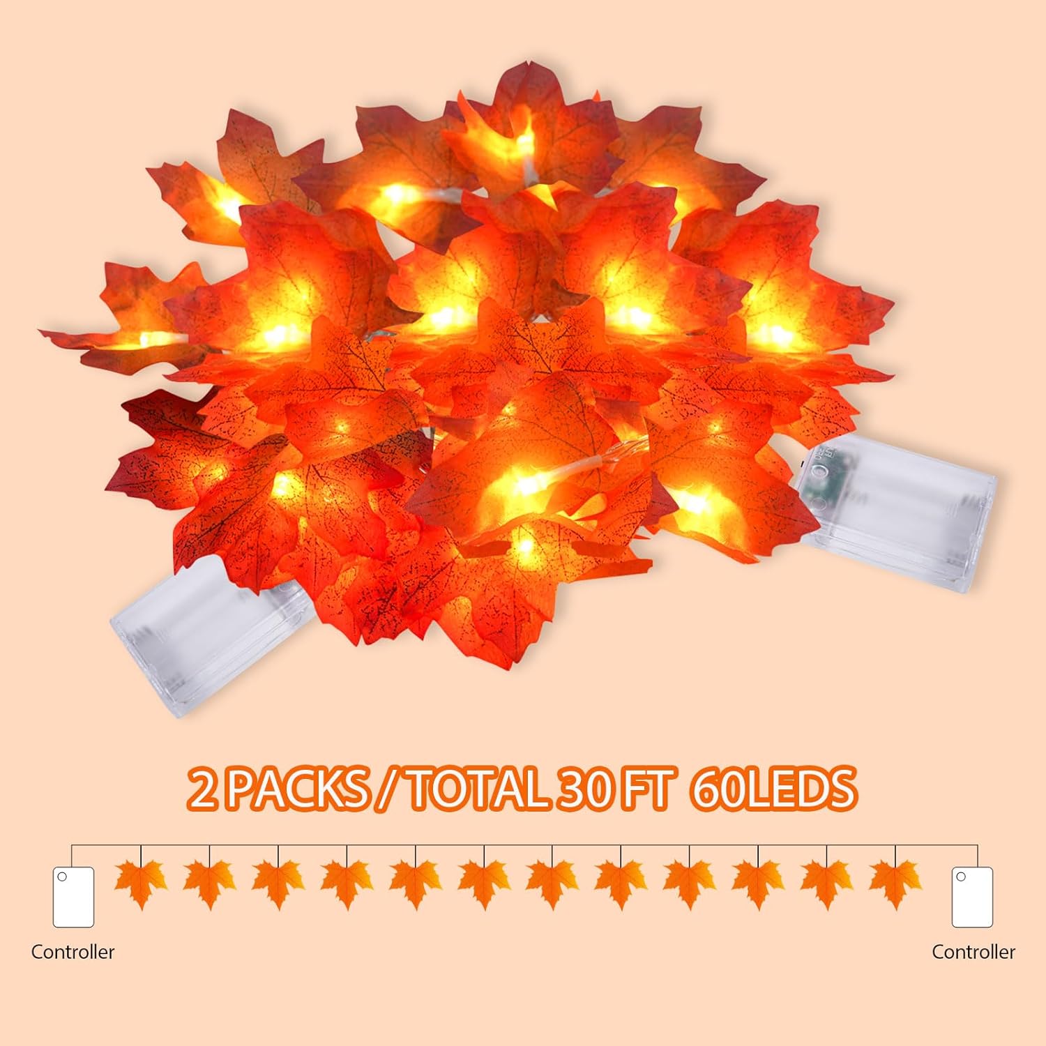 Paquete de 2 luces de hoja de arce, decoraciones de Acción de Gracias para el hogar, guirnalda de hojas con luces, total de 30 pies, 60 luces LED de