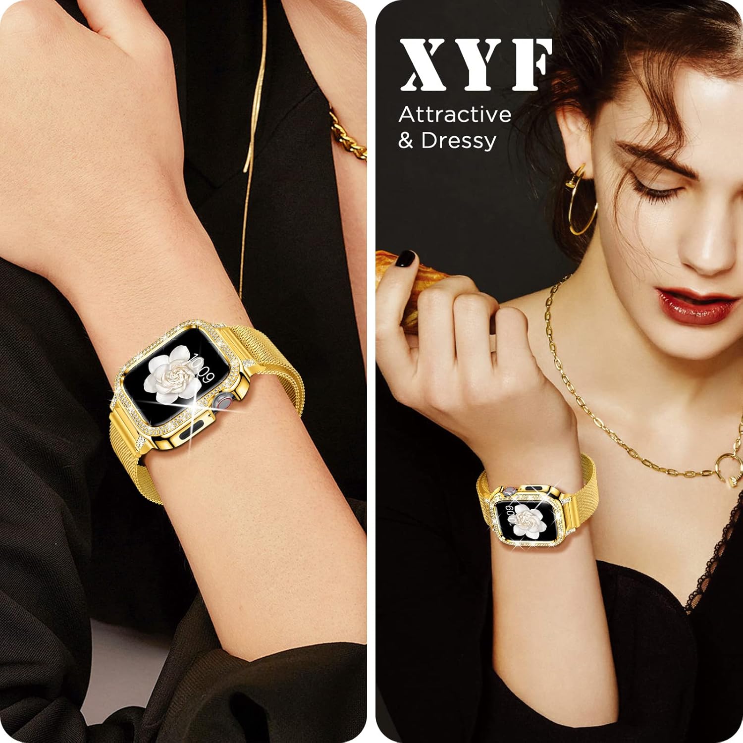 XYF Correas brillantes compatibles con Apple Watch Band de 1.575 pulgadas para mujeres con parachoques, malla de acero inoxidable, magnética, de