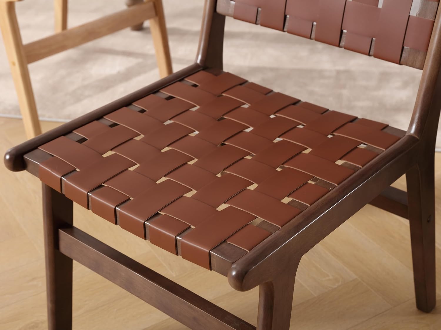 ABET Juego de 2 sillas de comedor de cuero marrón para cocina, sillas de comedor sin brazos de cuero sintético tejido de granja, silla moderna