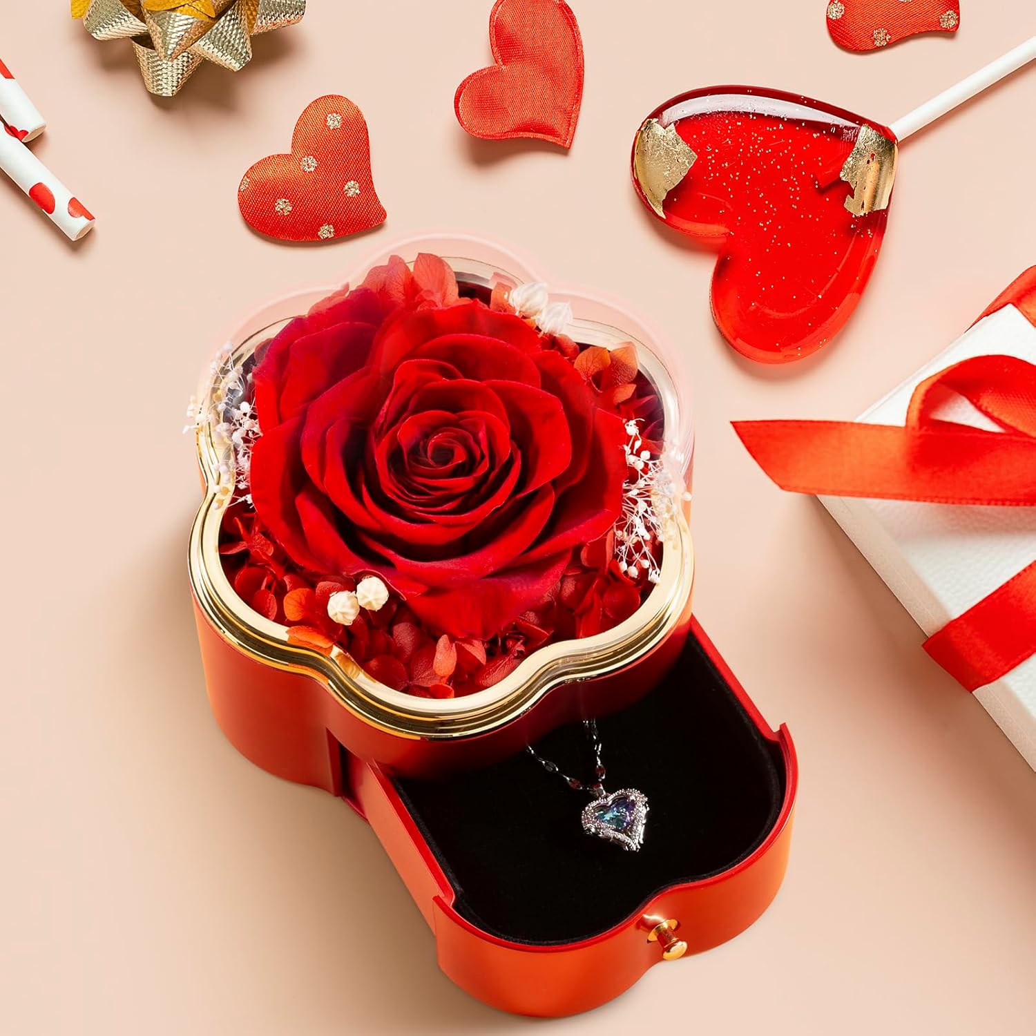 TIANFU Regalos para mamá para el día de la madre, rosa real preservada con collar para mujer, flores eternas, regalos de rosas para mamá, esposa,