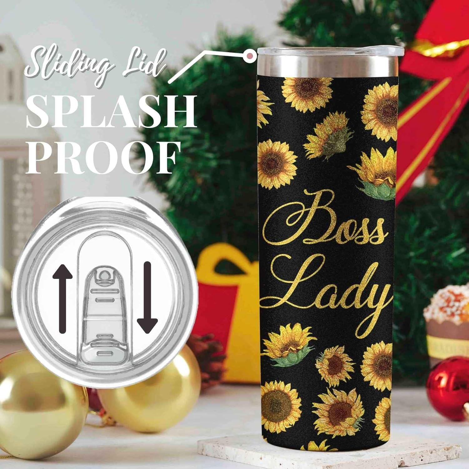 Regalos para mujer jefa, regalos de girasol para jefa, vasos aislados de acero inoxidable con tapas y pajitas de 20 onzas, divertida idea de regalo