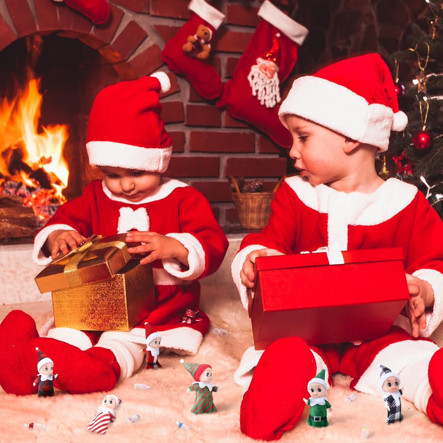 Juego de 18 muñecas elfas pequeñas, 6 elfos de Navidad, 6 botellas de leche de elfo y 6 chupetes de elfo, mini muñecas coloridas de felpa lindas