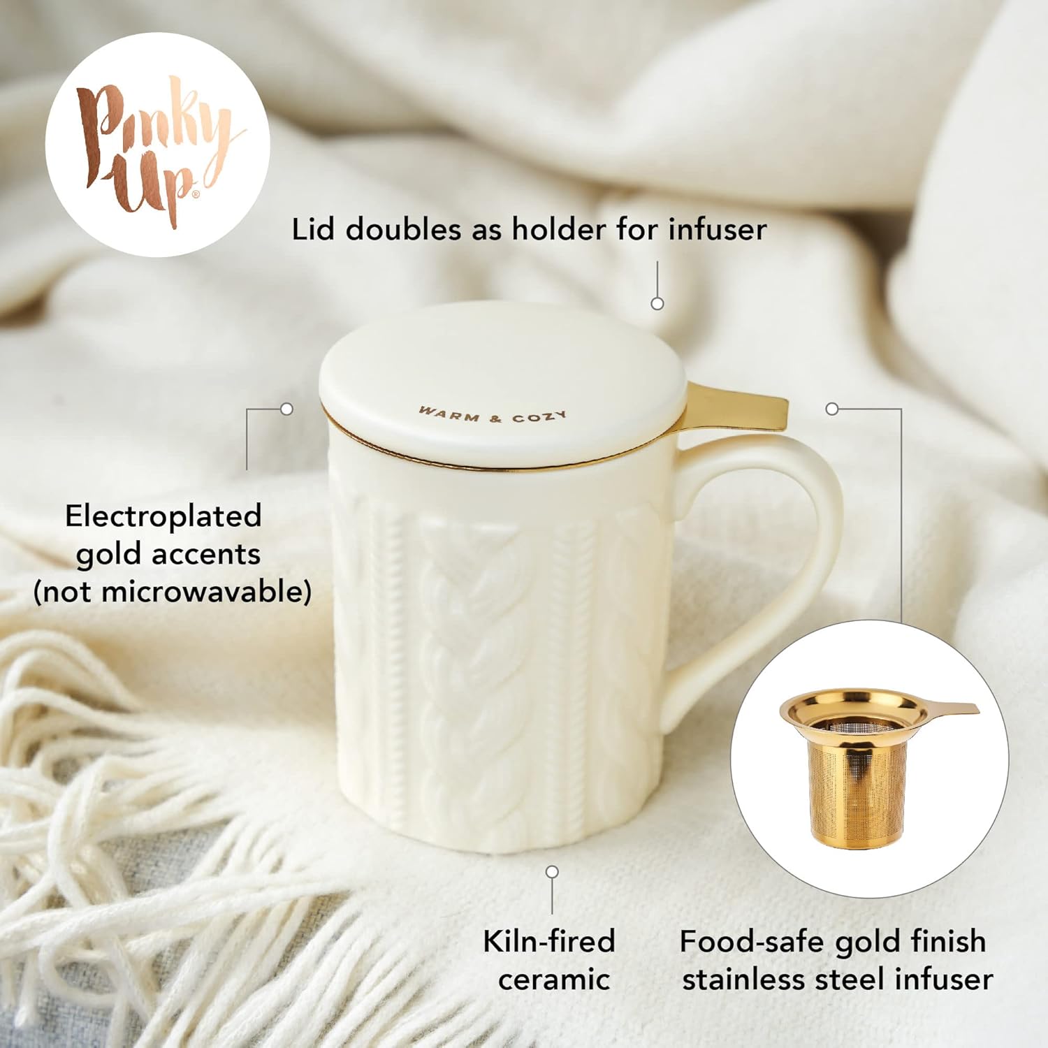 Pinky Up Annette – Taza de té de cerámica e infusor de té de hojas sueltas, accesorios de té de hojas de Loos, taza de té, diseño de punto, 12 onzas