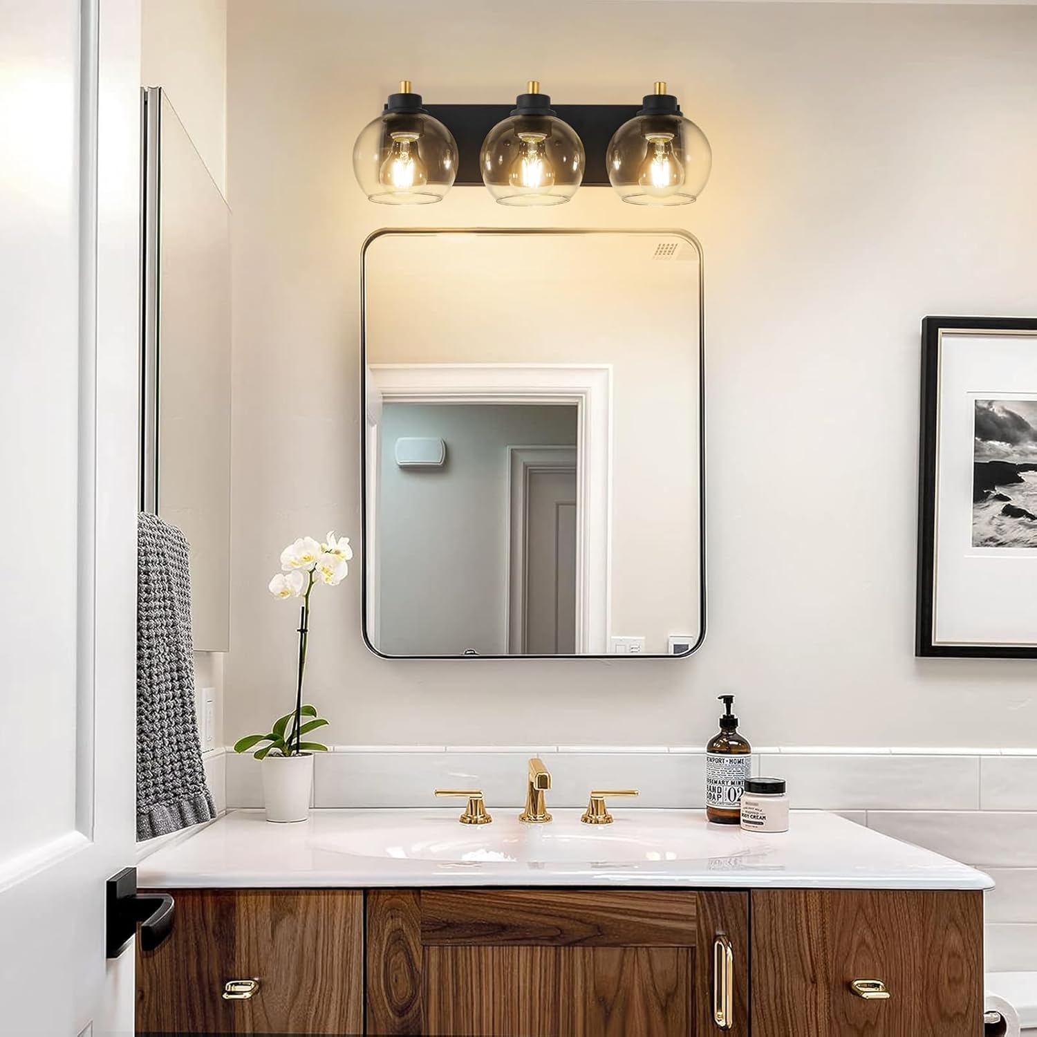 Lámpara de tocador de baño de 3 luces, lámparas de baño negras y doradas, lámpara de tocador moderna con pantalla de vidrio transparente, aplique de