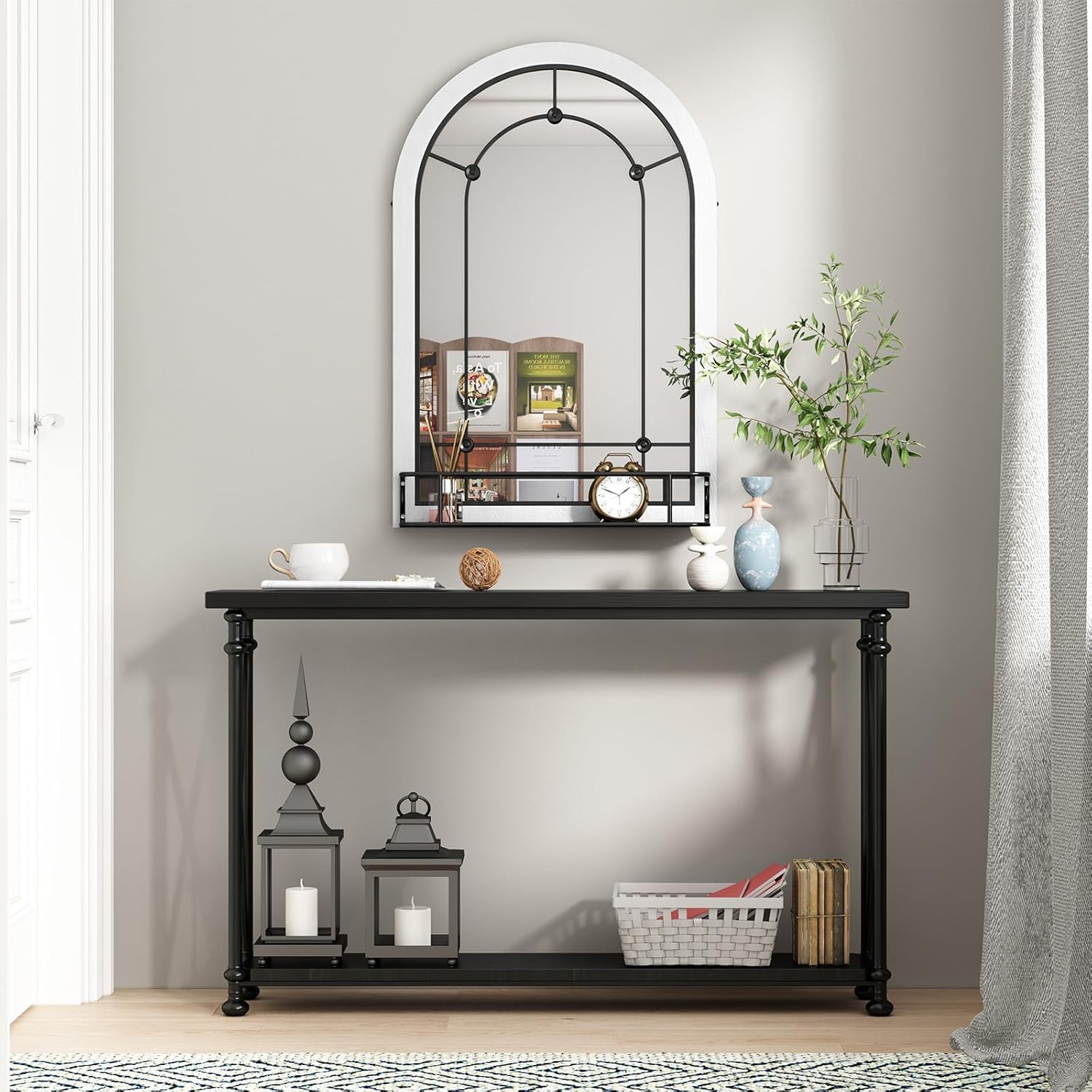 AZODY Espejo de pared de ventana arqueada con estante, espejo de entrada colgante blanco de 36 x 24 pulgadas, espejos decorativos para decoración de