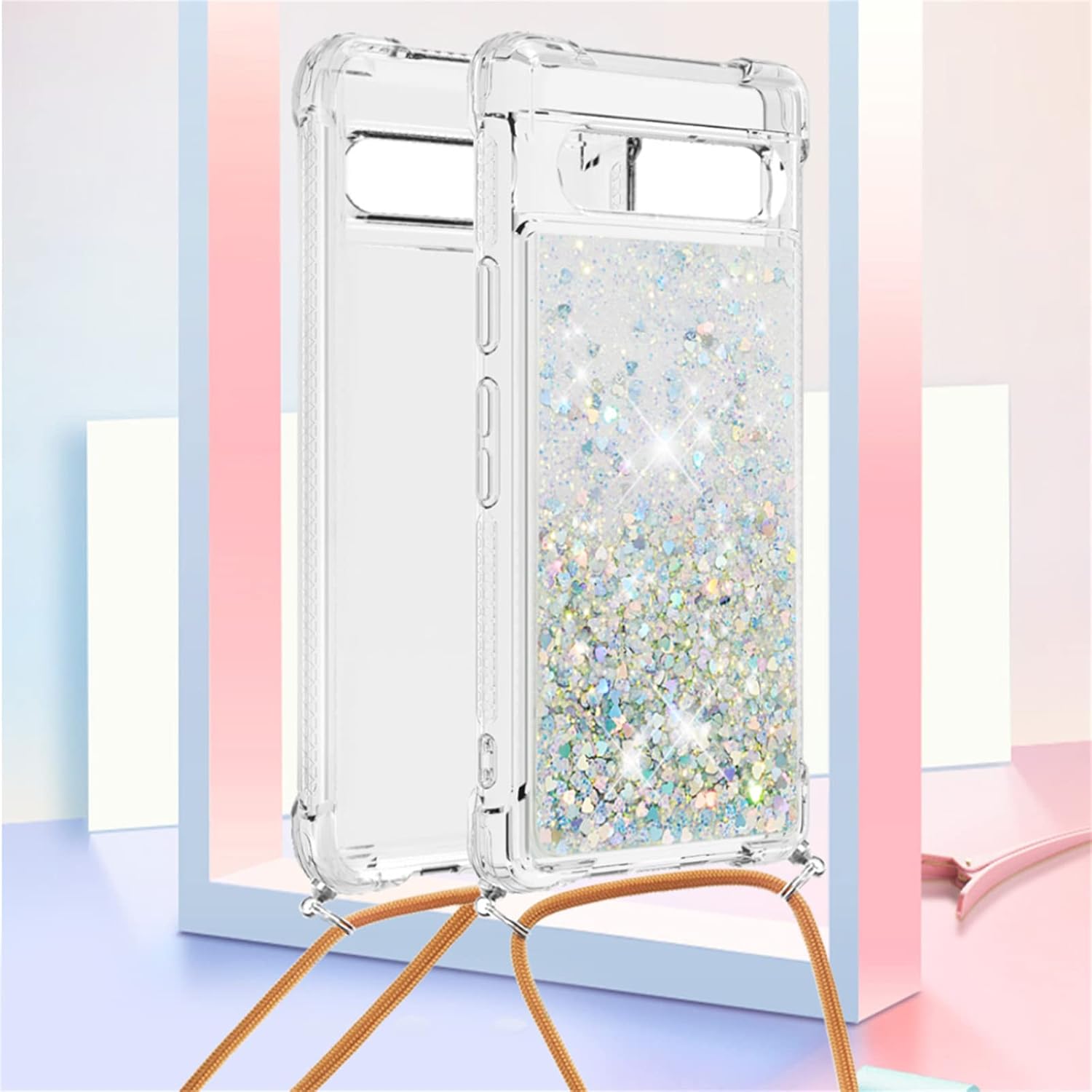 Tncavo Funda para Google Pixel 7a para mujer, carcasa con purpurina holográfica líquida en movimiento, con correa cruzada, delgada, suave, TPU para