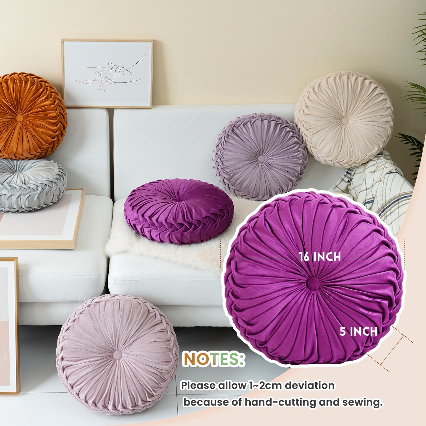 Sioloc Almohada redonda de terciopelo para decoración del hogar, cojín plisado para sofá, silla, cama y automóvil (morado, 15.7 pulgadas)