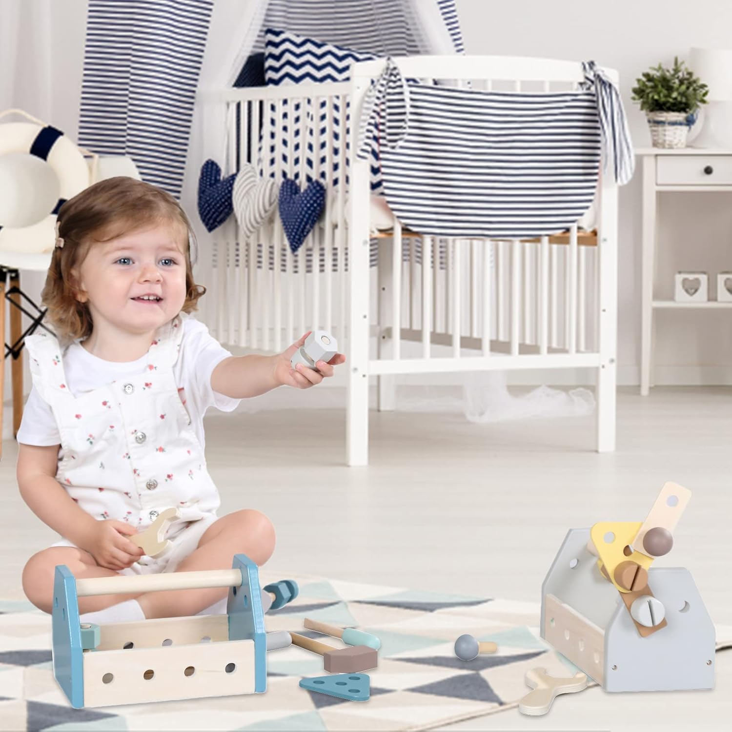 Montessori Herramientas de madera para niños pequeños, juegos de juguetes educativos para niños, caja de juego preescolar (azul)