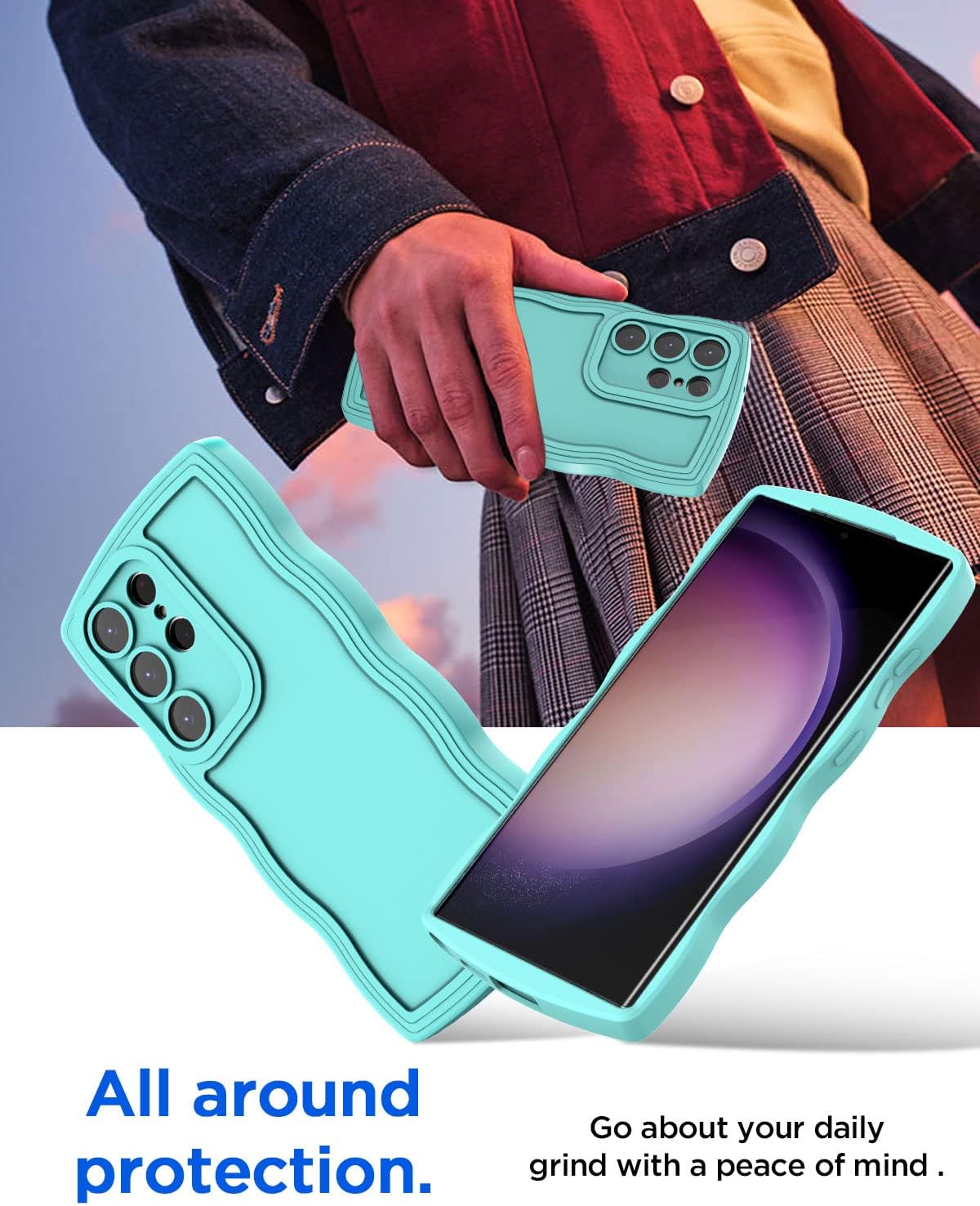 AICase Lindo marco ondulado rizado de color sólido suave compatible con la funda del teléfono Samsung Galaxy (azul, Galaxy S20)