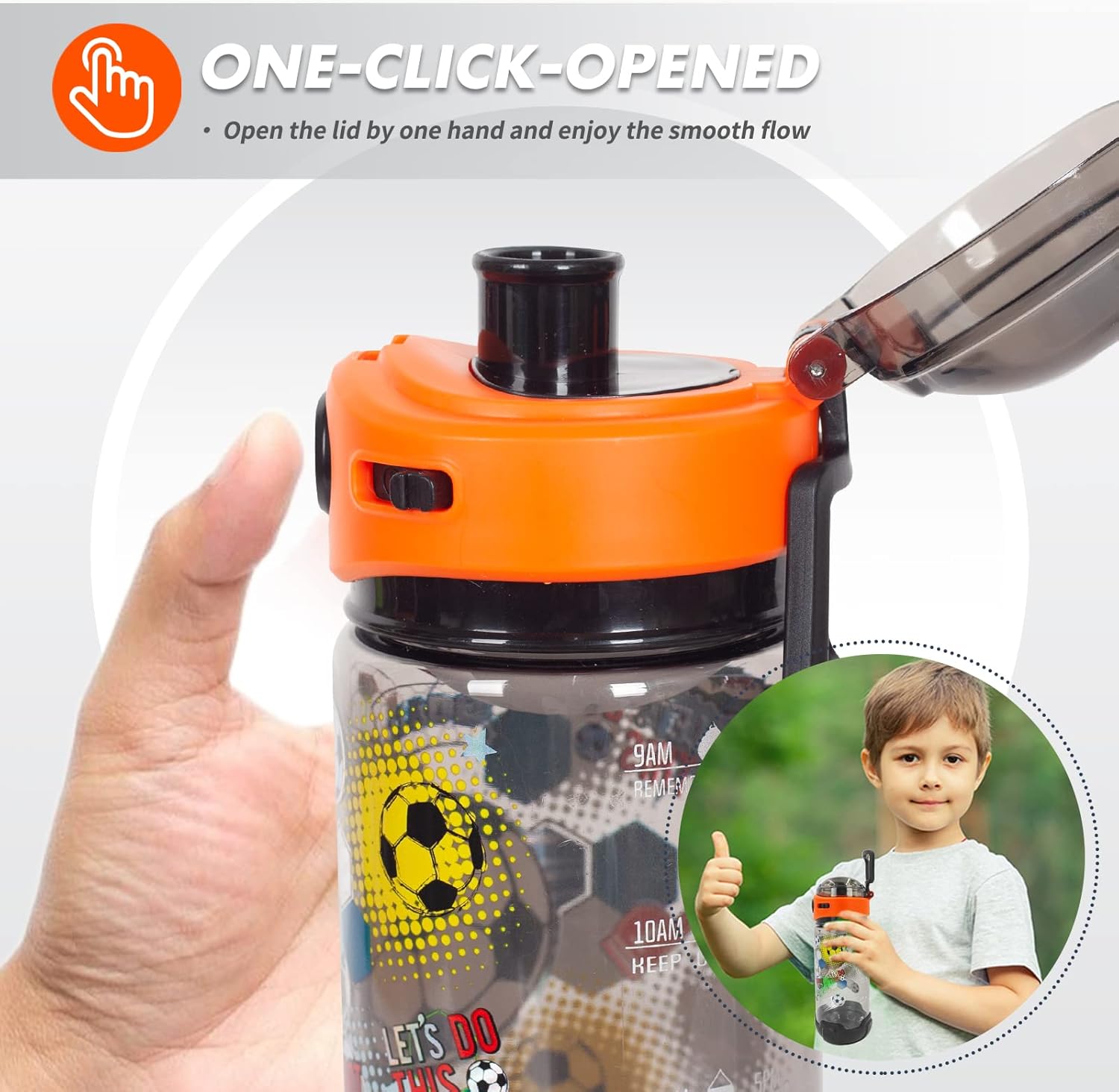 Botella de agua para niños con cordónfunda para la escuela, niños, niñas, niños, botella de agua potable sin BPA de 20 onzas, apertura de un clic,