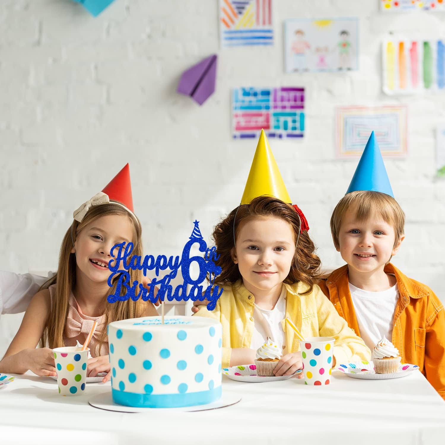 Decoración de pastel de feliz 6 cumpleaños, decoración de pastel de 6 años, para decoración de fiesta de cumpleaños de 6 años, purpurina azul
