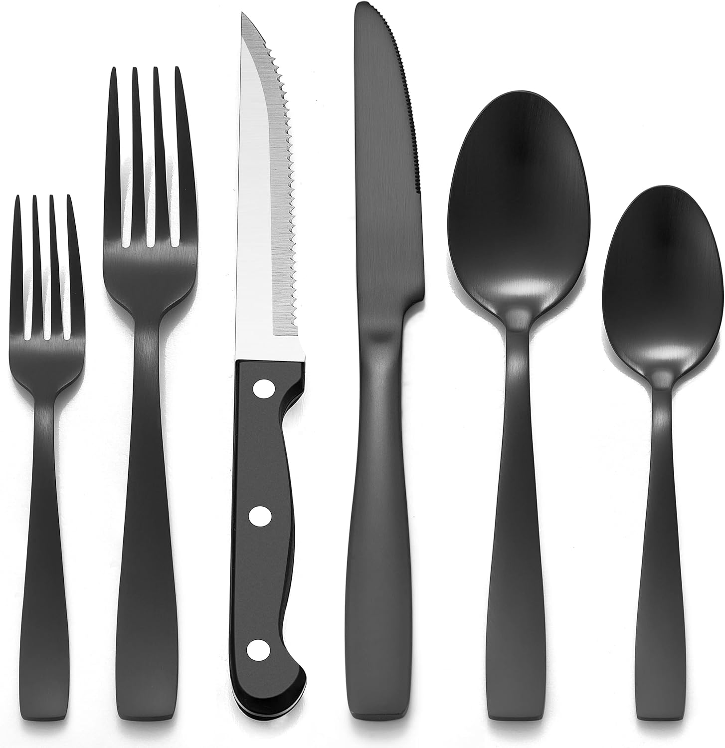 LIANYU Juego de cubiertos negros de 24 piezas con cuchillos para carne, cubiertos de acero inoxidable para 4, elegantes utensilios de cocina