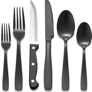LIANYU Juego de cubiertos negros de 24 piezas con cuchillos para carne, cubiertos de acero inoxidable para 4, elegantes utensilios de cocina LIANYU Juego de cubiertos negros de 24 piezas con cuchillos para carne, cubiertos de acero inoxidable para 4, elegantes utensilios de cocina