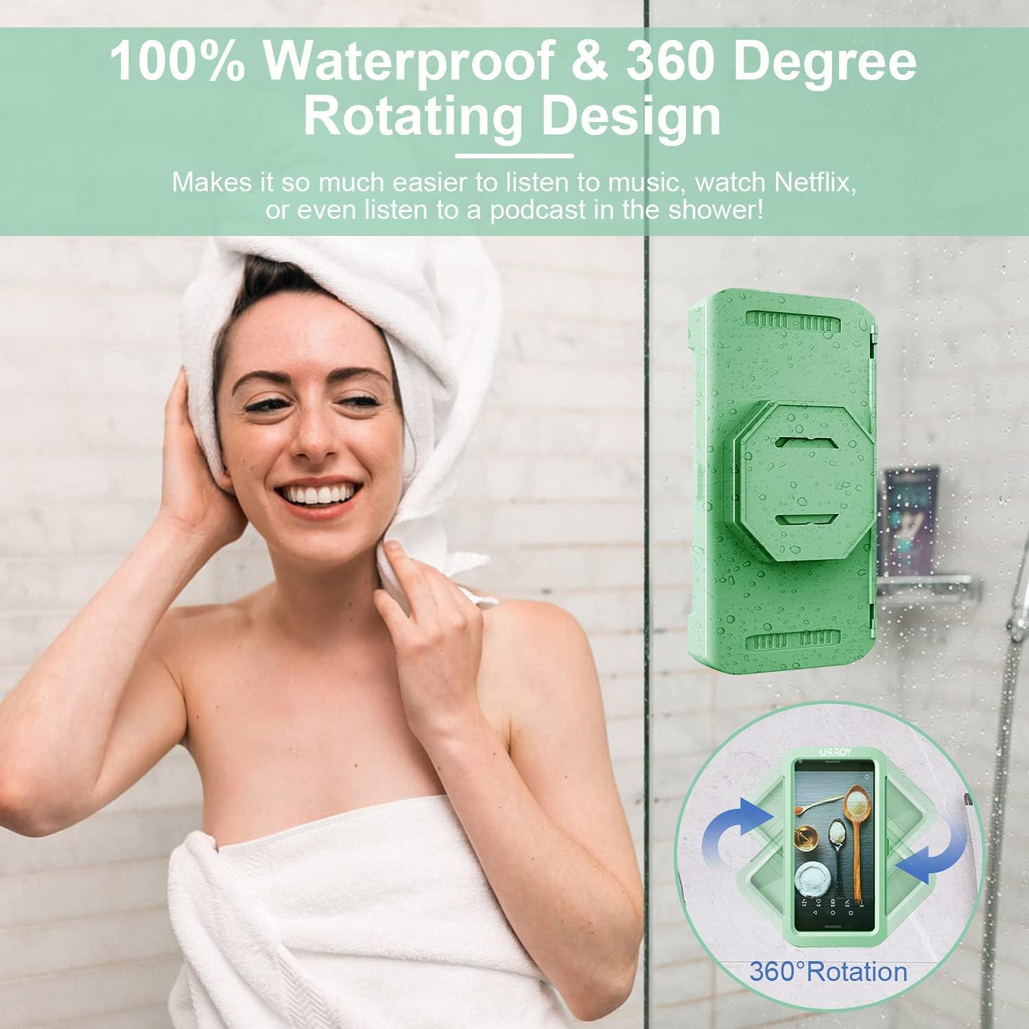 URROY – Soporte para teléfono de ducha impermeable con rotación de 360, funda antivaho de alta sensibilidad, caja de montaje para baño, espejo de