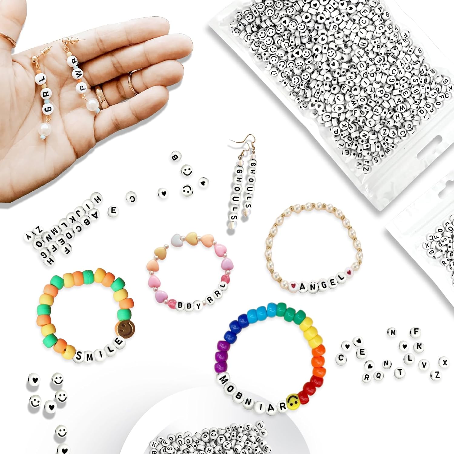 Kit de 985 cuentas de letras, 28 estilos de pulseras de la amistad, cuentas del alfabeto, cuentas de cara sonriente para pulseras, kit de