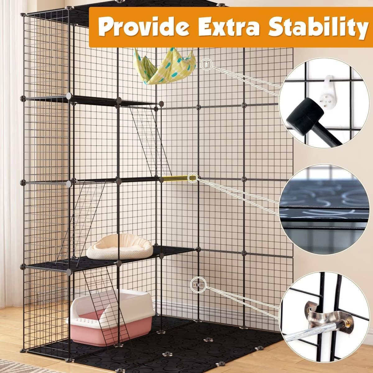 Jaula para gatos de 3 x 3 x 4 niveles, extra grande, para interiores, corralito de 42 x 42 x 72 pulgadas, jaula de alambre para mascotas con 3