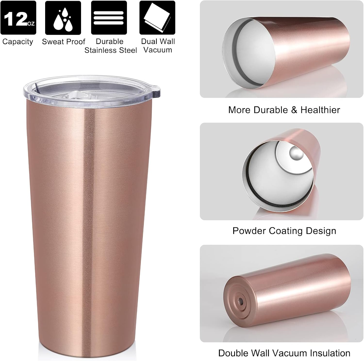 VEGOND – Vaso térmico de acero inoxidable de 20oz con doble pared aislante al vacío con tapa y pajita, para café, viaje, oro rosado