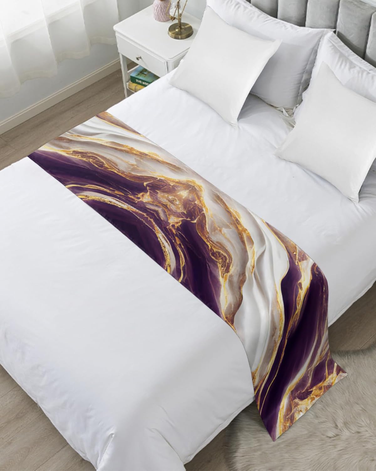 Caminos de cama con textura de mármol blanco y dorado morado para dormitorio, hotel, bufandas decorativas, grietas naturales, piedra de granito,
