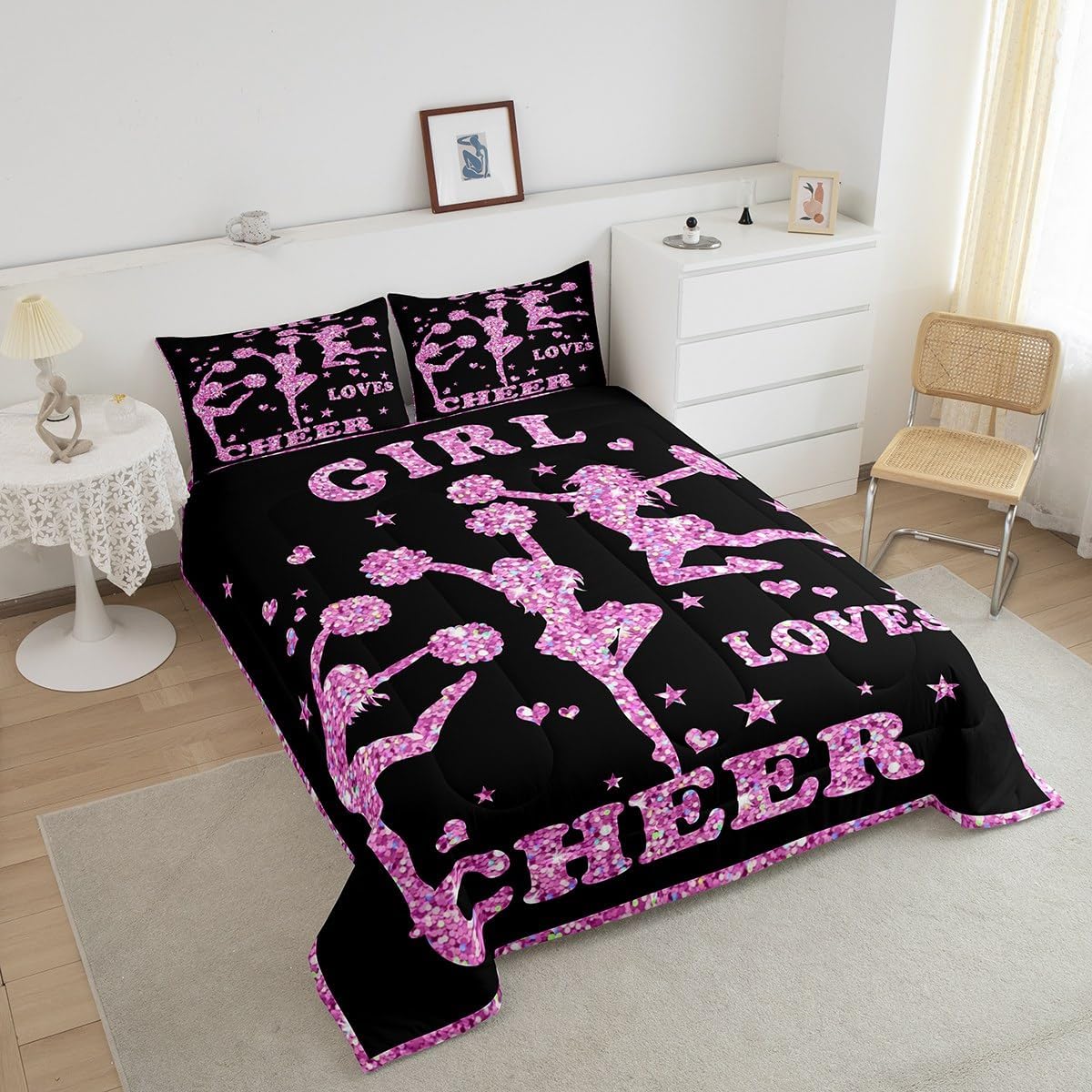 Feelyou Juego de edredón de animadoras para niñas, juego de ropa de cama para hija y niña, decoración con purpurina rosa, juego de edredón de