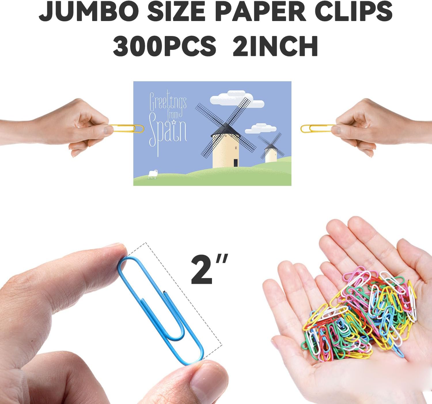 300 clips de papel grandes, clips de papel jumbo de 2 pulgadas, clips de papel de colores surtidos, ideales para oficina, escuela y uso personal