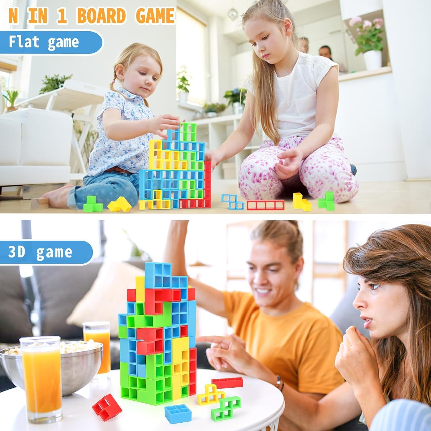 Juego de 48 bloques de equilibrio de torre Tetra, juegos de mesa para niños y adultos, juego de equilibrio para 2 jugadores, juego de bloques de