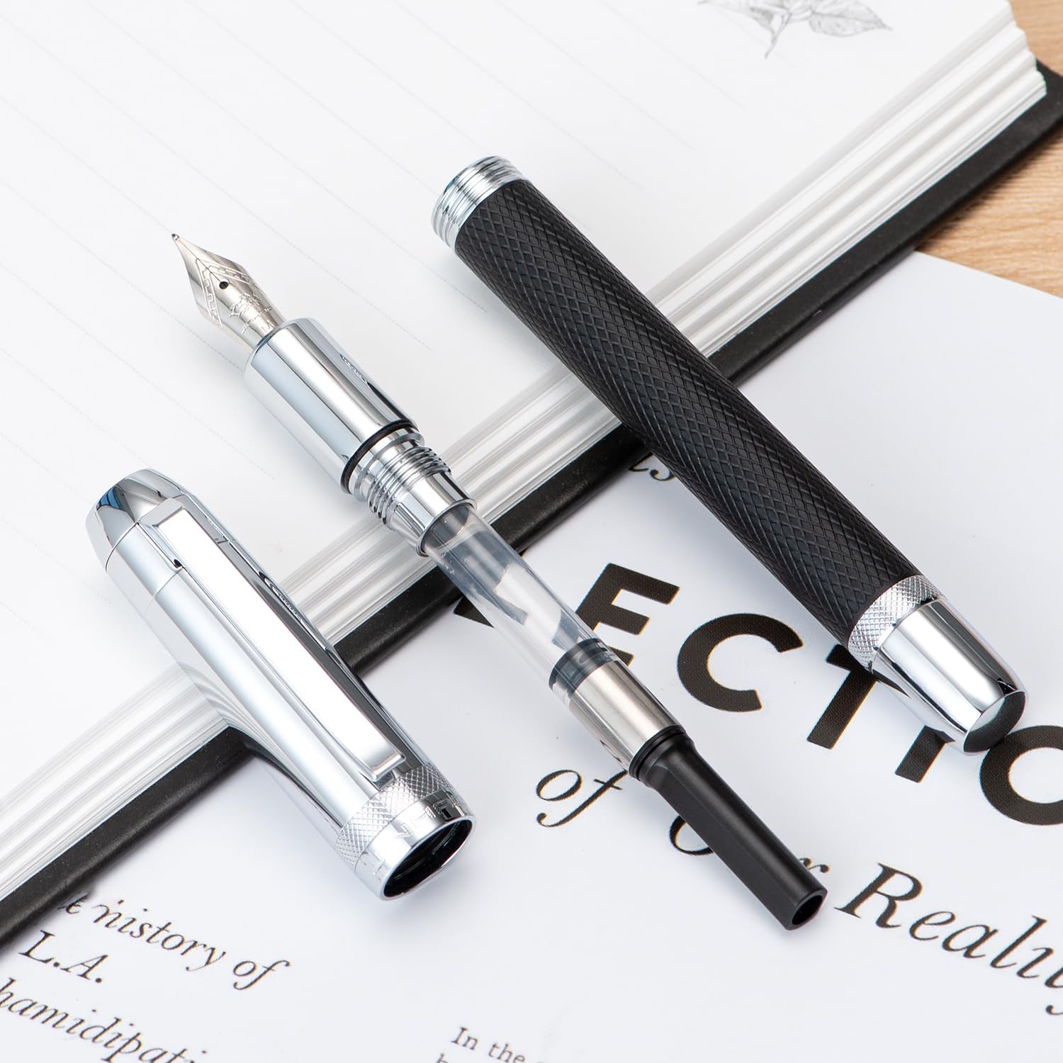 Jinhao 92 – Pluma estilográfica plateada negra, punta media, metal sólido con convertidor, lápiz de caligrafía