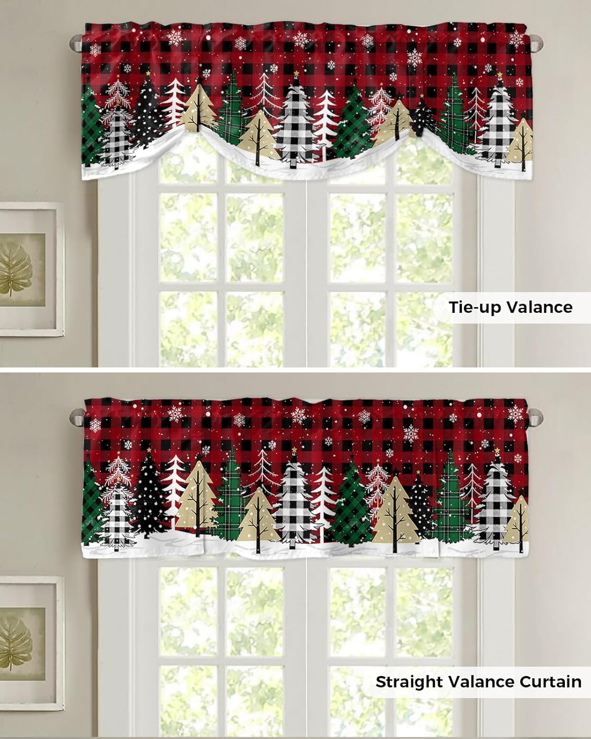 Gogobebe Cortinas de cenefa de amarre para ventana de cocina, diseño de búfalo verde, copos de nieve, color negro, rojo, a cuadros, con bolsillo