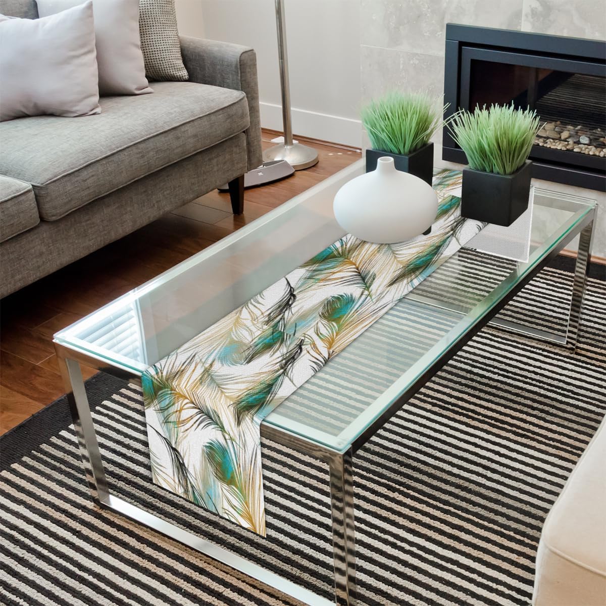Camino de mesa con plumas de pavo real, mantel de lino rústico otoñal, decoración de mesa de cocina y comedor para fiesta en el hogar, 13 x 72