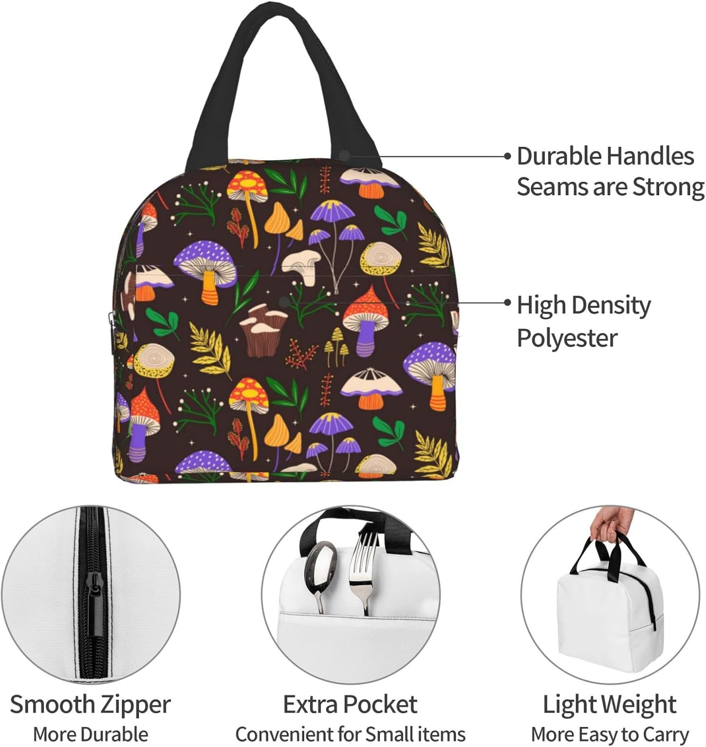 Lonchera con diseño de hongos de color, pequeña, aislada, con bolsillo frontal, estética, lonchera, congelable, para mujeres y hombres