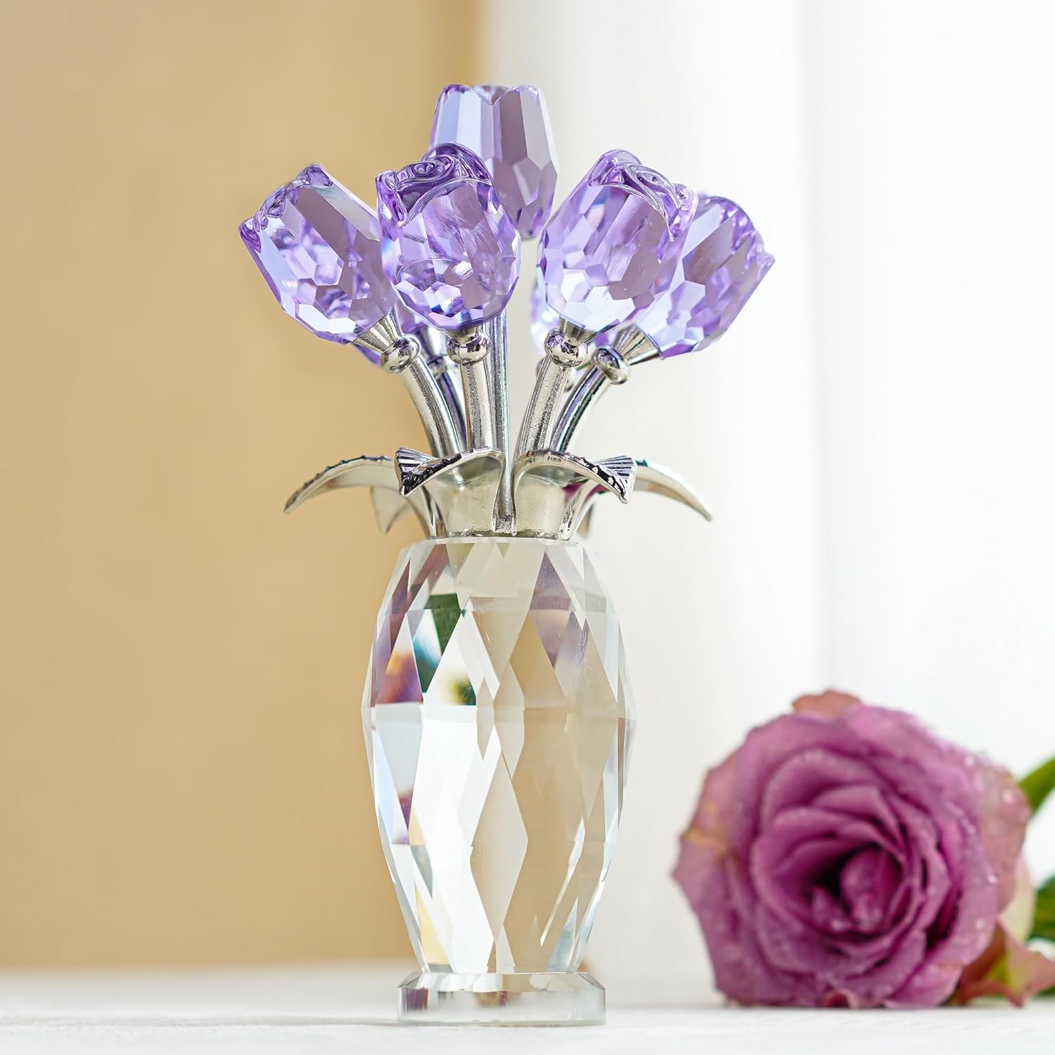 H&D HYALINE & DORA Figura de flores moradas de cristal, regalos de rosas para mamá, esposa, abuela, adorno coleccionable de flores de cristal, Día