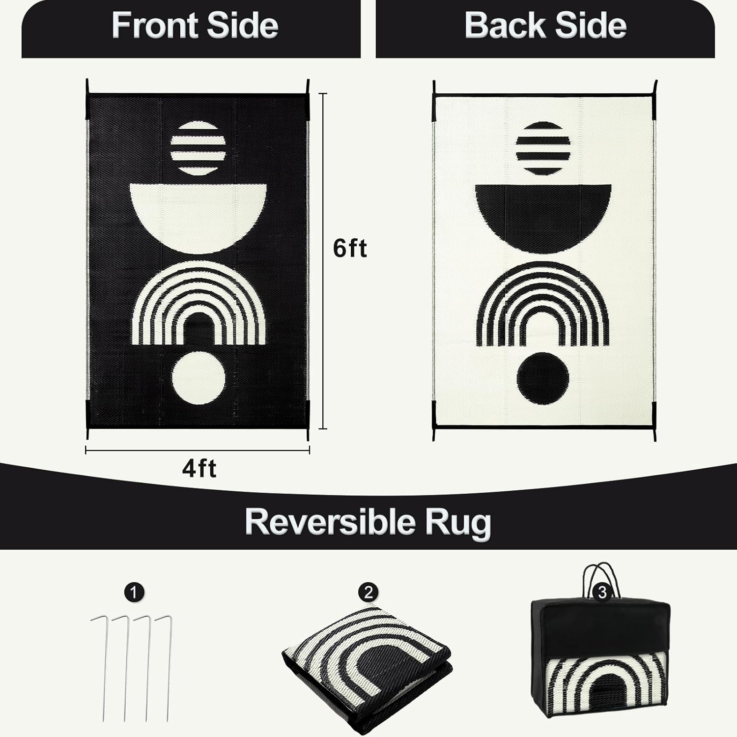 Wonnitar Nueva alfombra para exteriores, negro y blanco 4×6