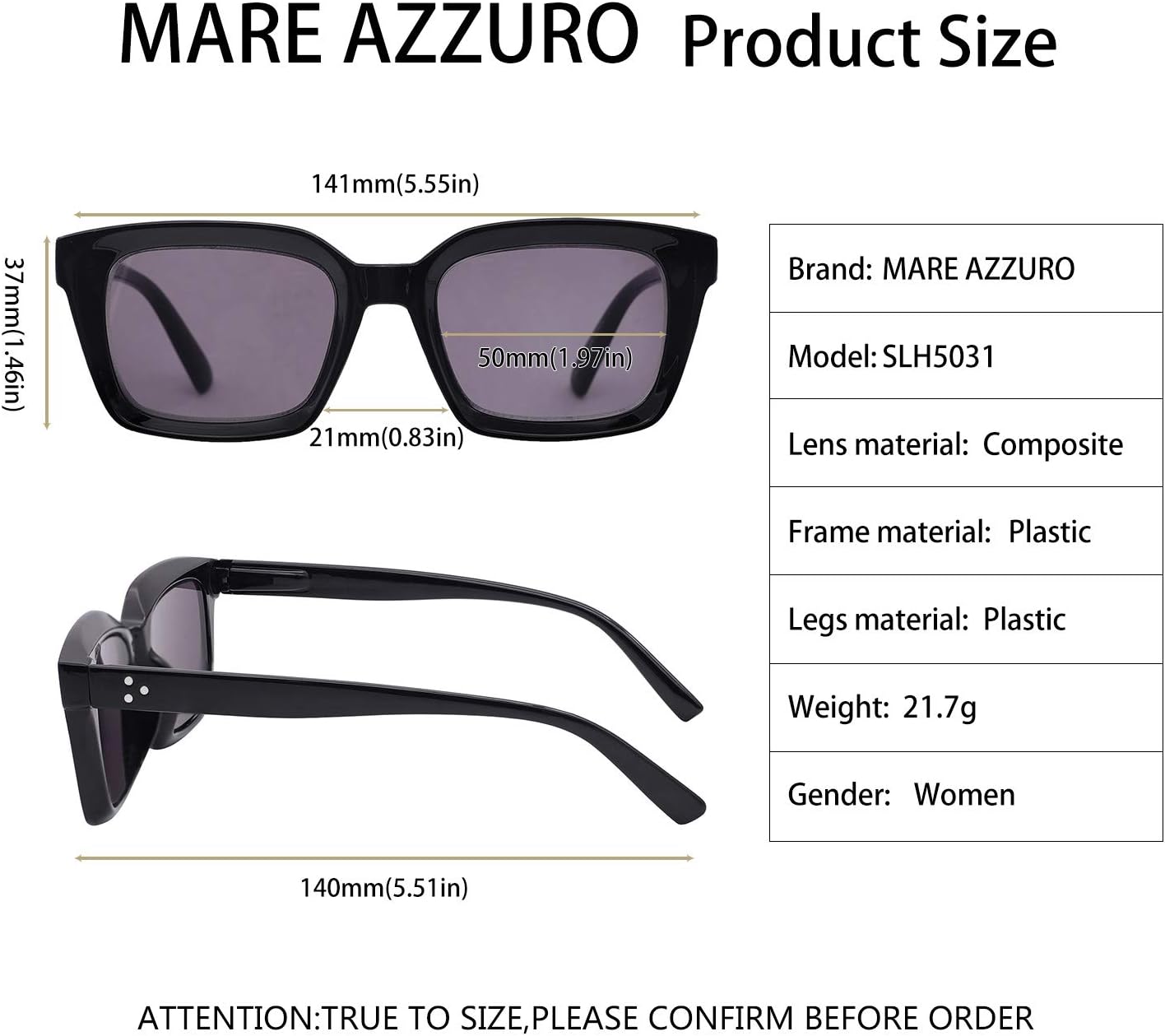 MARE AZZURO Gafas de sol para mujer, con protección UV, gafas de lectura de 50, 75, 100, 125, 150, 175, 200, 225, 250, 275, 300, 325, 325, 350, 375,