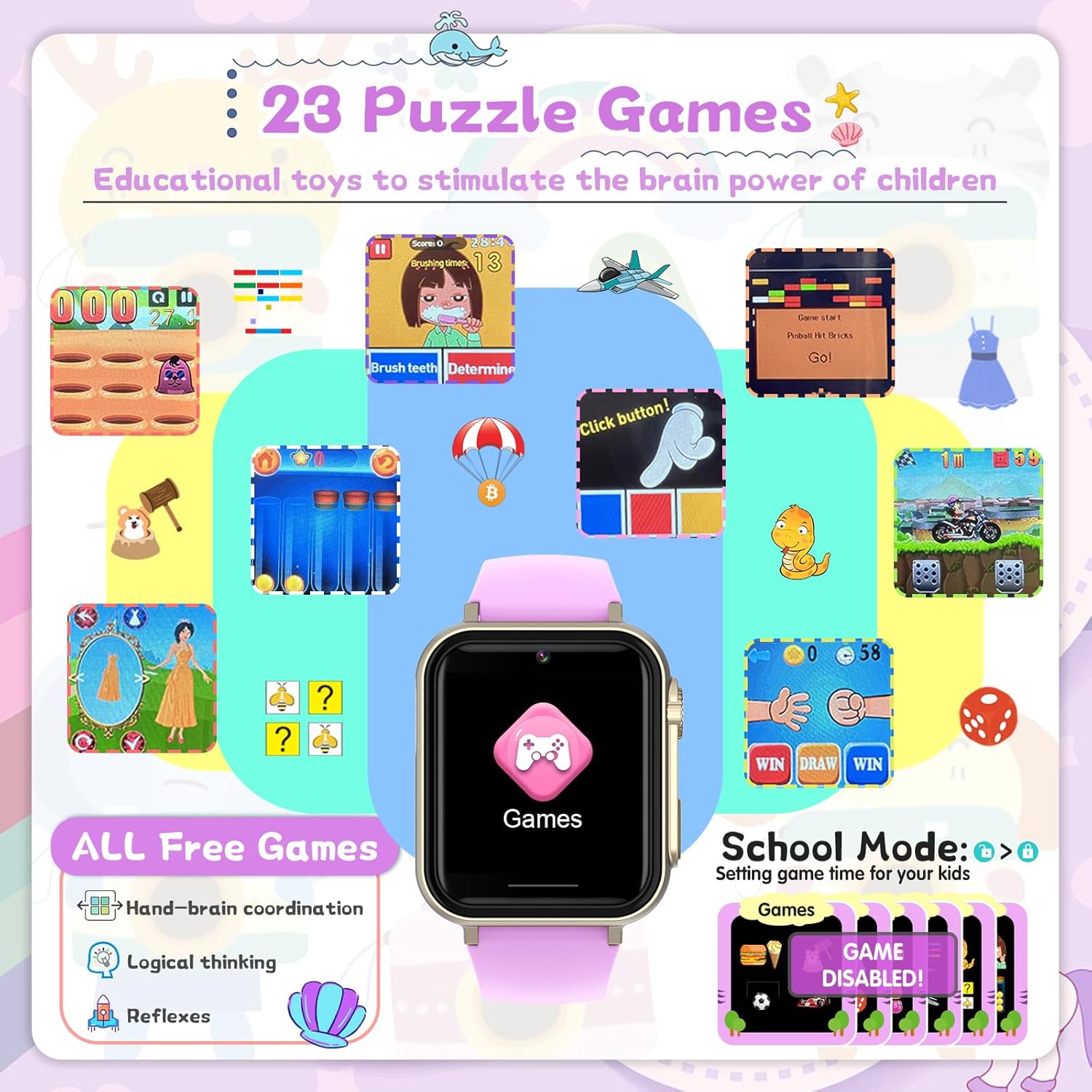 Reloj inteligente para niños, reloj inteligente para niñas y niños de 4 a 12 años con reproductor de música, pantalla táctil HD, 23 juegos, cámara,