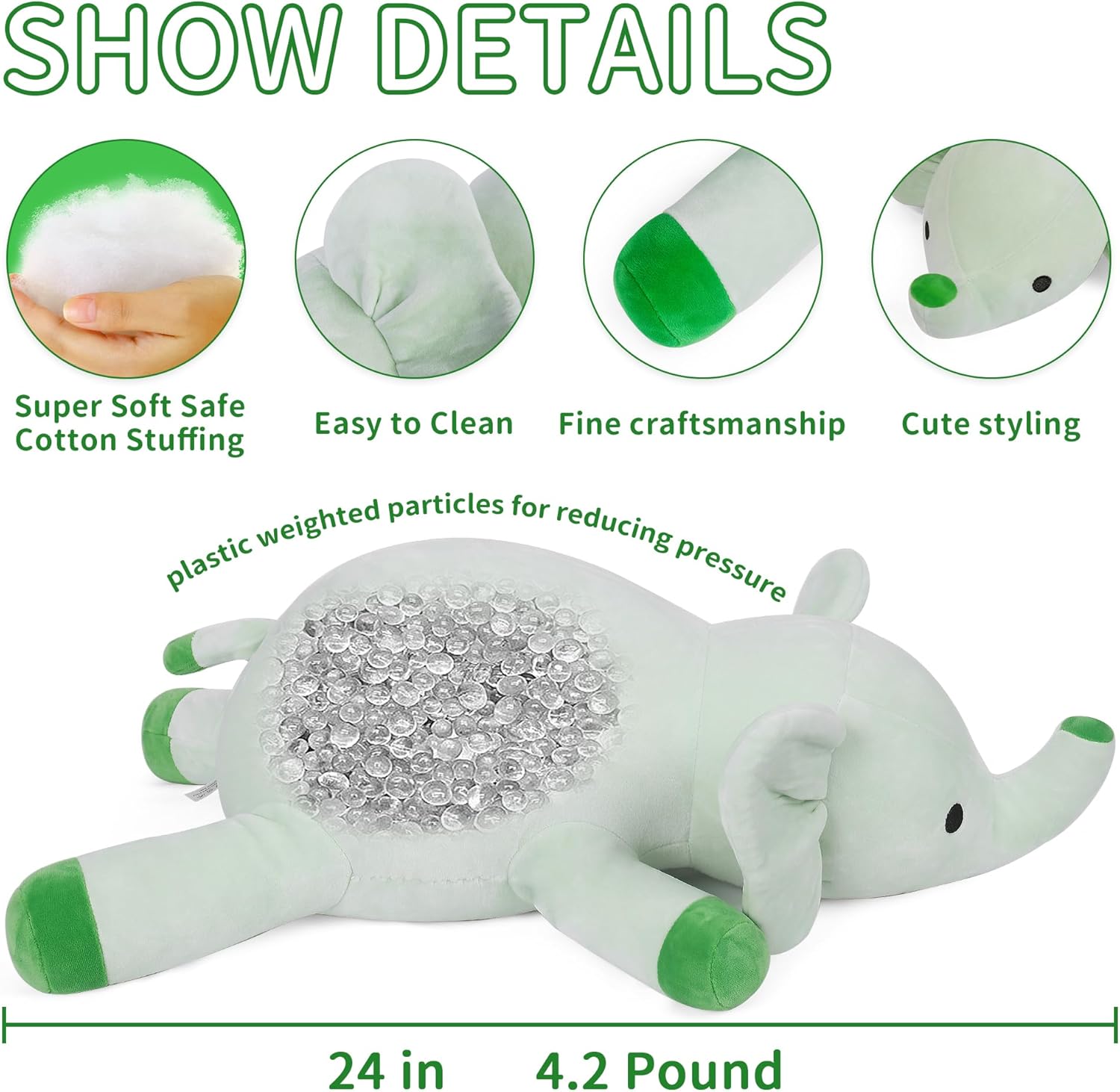 Animales de peluche con peso de elefante verde de 24 pulgadas, 4.2 libras, bonito juguete de felpa con peso, cómodo regalo para niños y adultos (24