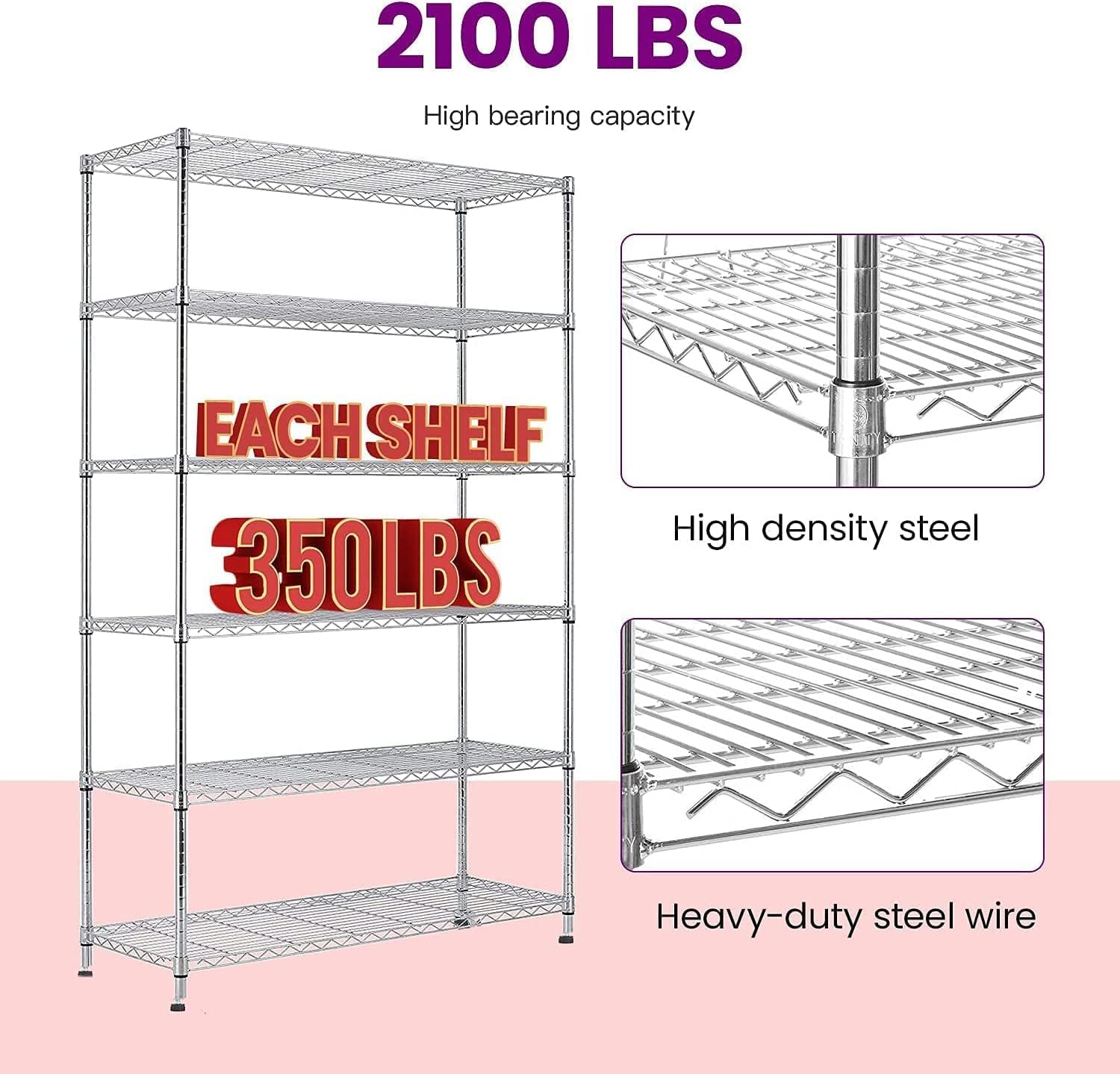 FDW – Estantería de 6 estantes de alambre de acero resistente ajustables, ruedas, 2,100libras, 48pulgadas (L) x 18pulgadas (An) x 82pulgadas (A)