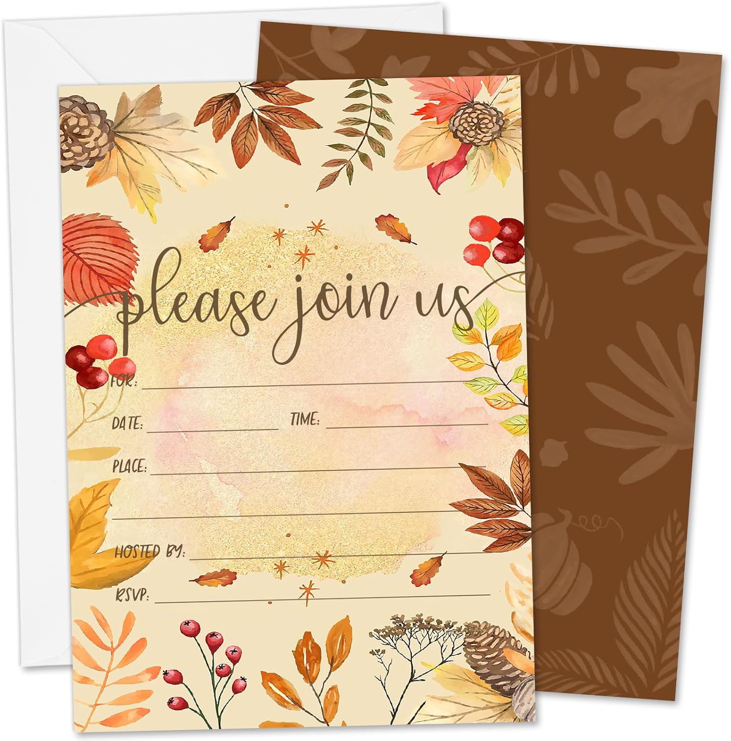 AnyDesign – Invitaciones vintage de otoño, 25 juegos de tarjetas de invitación de otoño con sobres, calcomanías de acuarela botánica en blanco para