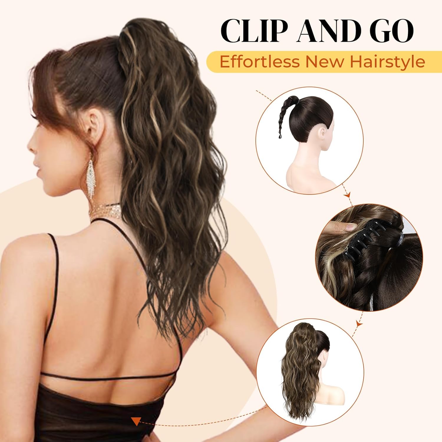 LONAI Extensión de cola de caballo, extensiones de cola de caballo de 18 pulgadas con clip de garra ondulada ZJ001, longitud al hombro, extensiones