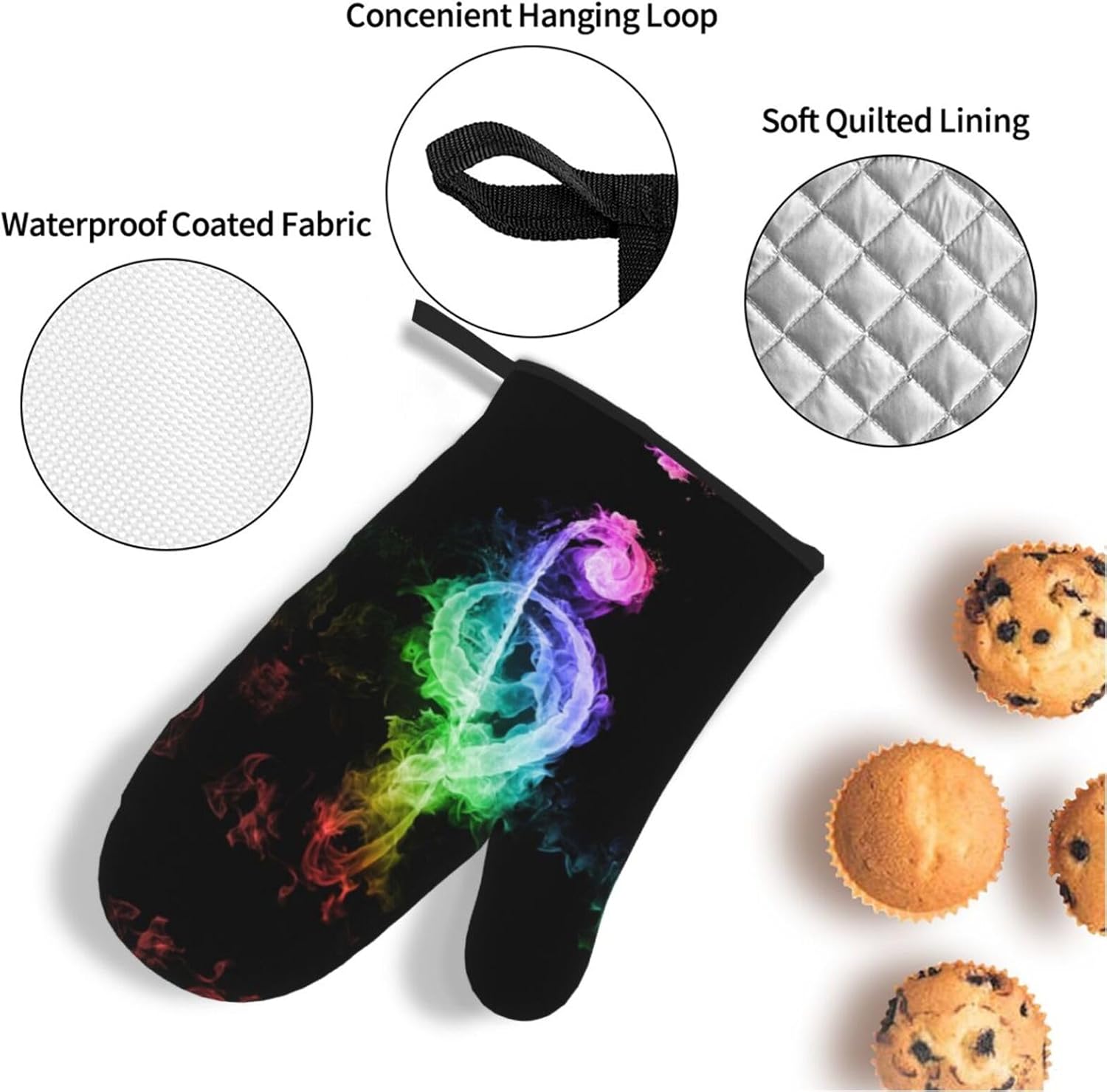Juego de 4 guantes de horno y soportes para ollas de notas musicales coloridas, resistentes al calor, antideslizantes, de algodón, para cocinar