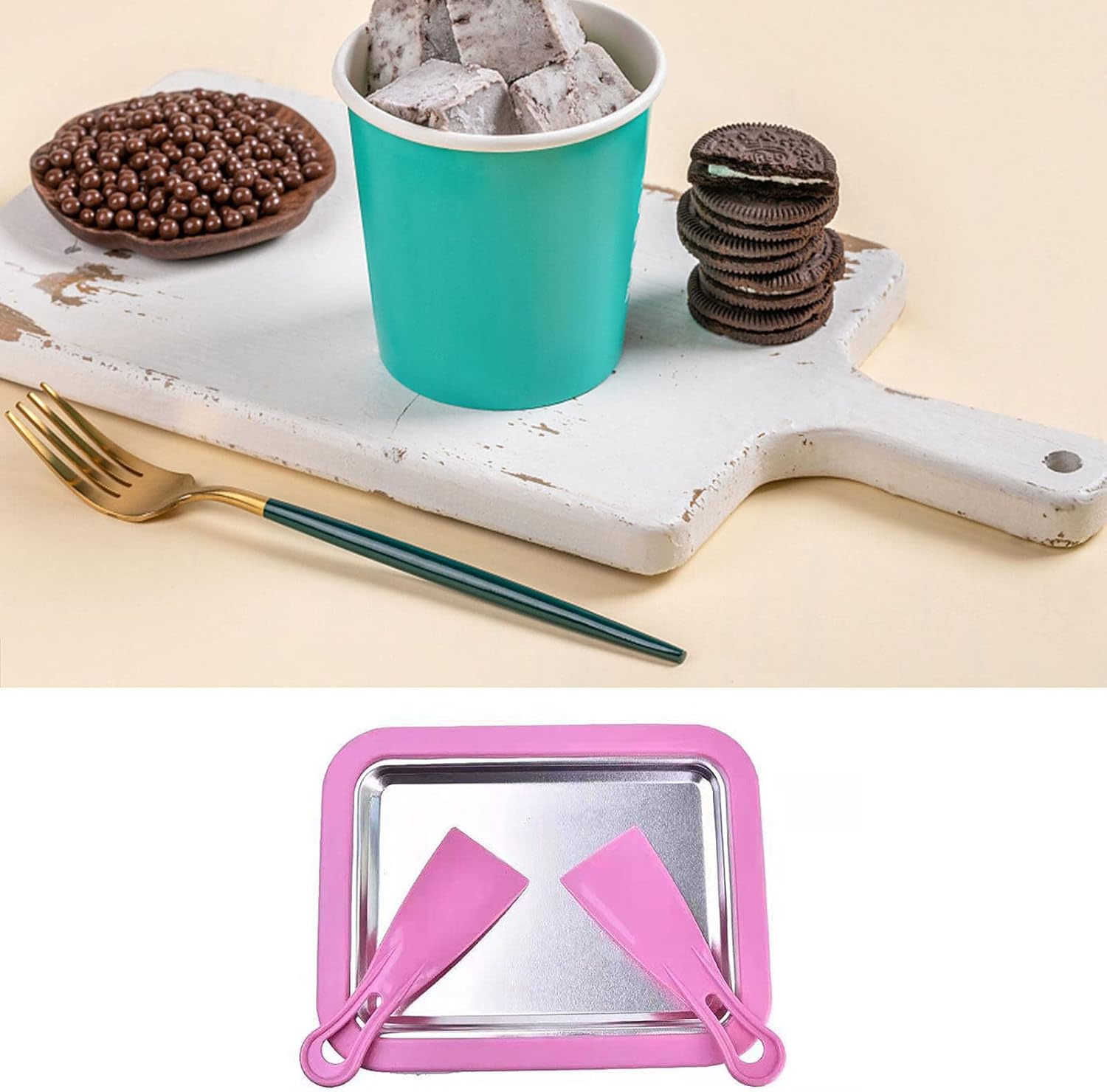 Camidy Máquina de helado enrollado, bandeja para hacer dulces, placa fría instantánea con 2 espátulas para hacer helado enrollado yogur congelado