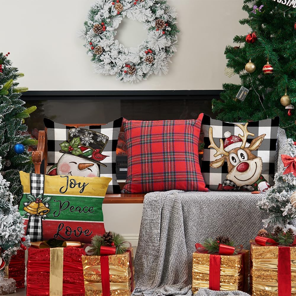 DFXSZ Juego de 4 fundas de almohada navideñas de 16 x 16 pulgadas, diseño de muñeco de nieve, sika y ciervo, decoración de invierno para el hogar,