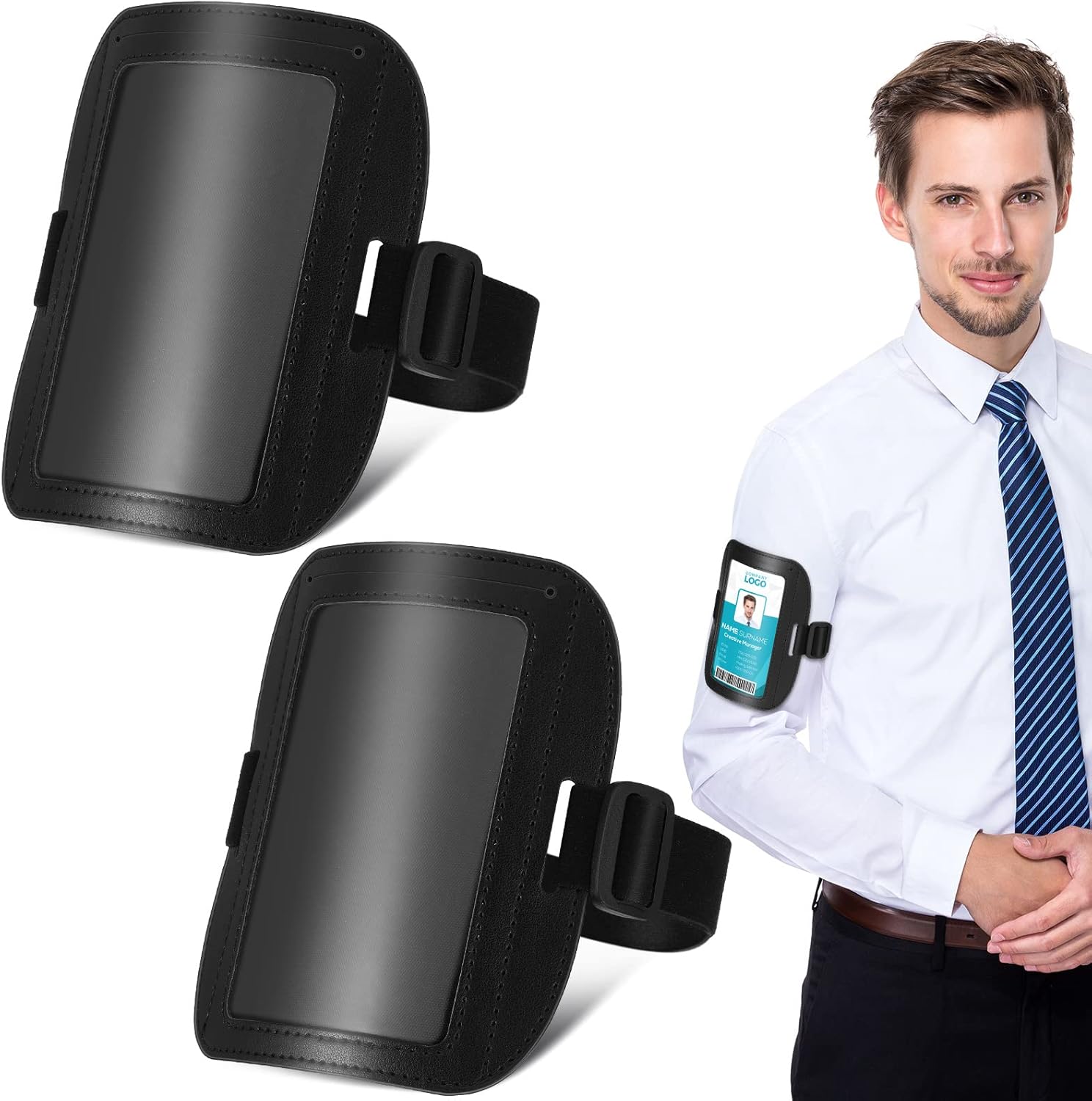 Geelin 2 soportes de cuero para identificación de brazo para hombre, ajustable, con banda elástica, soporte para tarjetas de identificación, soporte