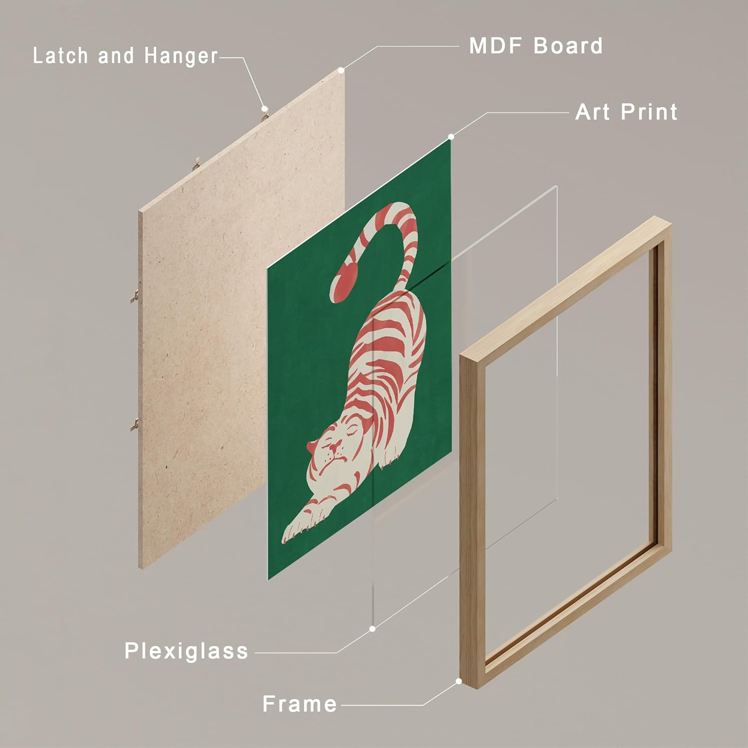 SIGNWIN Póster enmarcado gato rojo, cocodrilo verde, leopardo rosa, serpiente azul, arte moderno, realismo, animal decorativo, casa de campo para