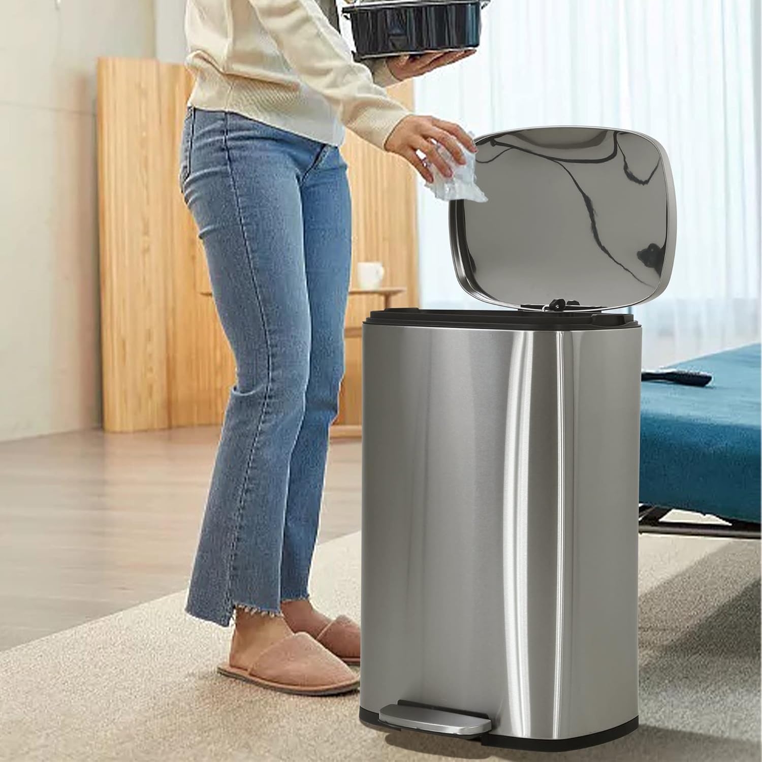 Basurero de cocina con tapa, cubo de basura de 13 galones con pedal de pie y cubo interior extraíble, cubo de basura de acero inoxidable manos