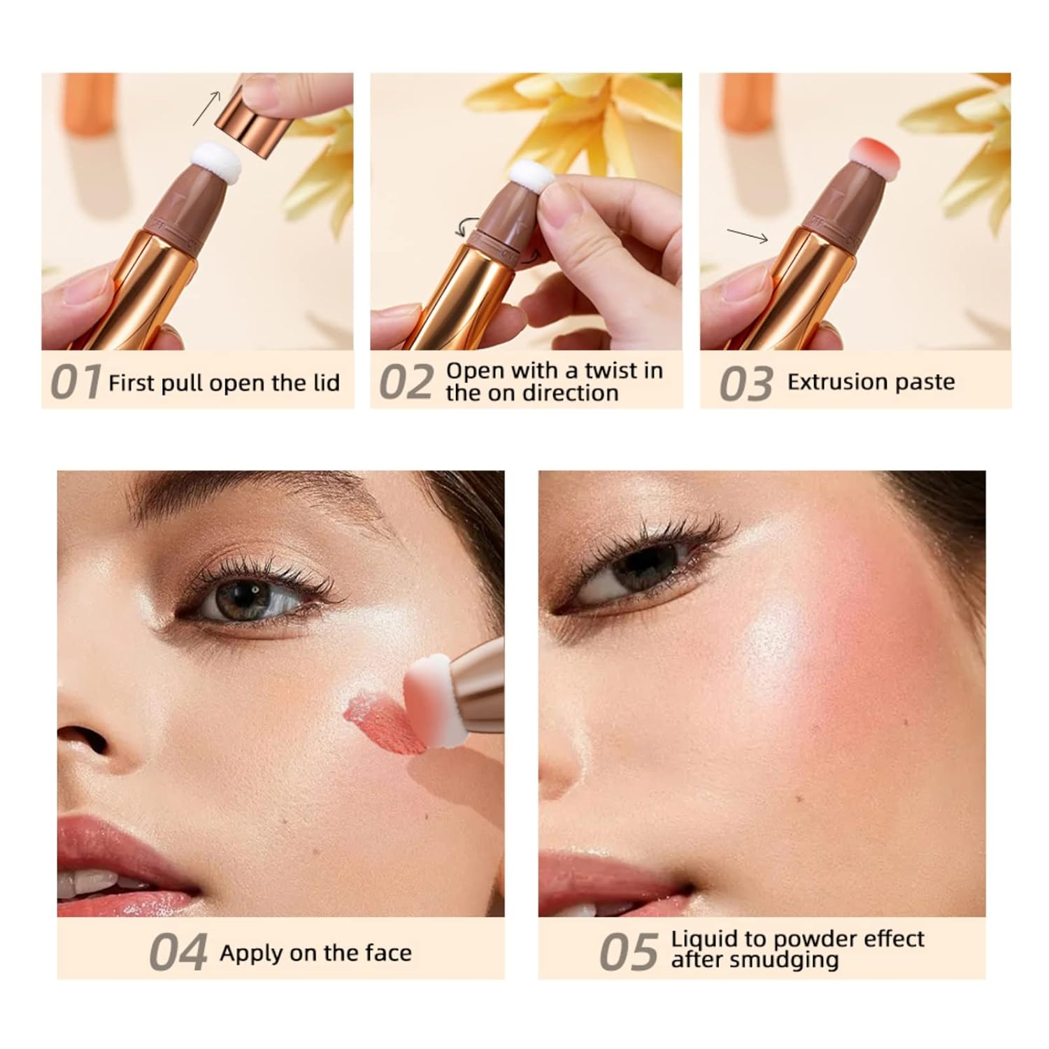 Ofanyia Varita de belleza Liquid Blusher, colorete facial líquido con aplicador de cojín suave, acabado mate cremoso suave, maquillaje ligero