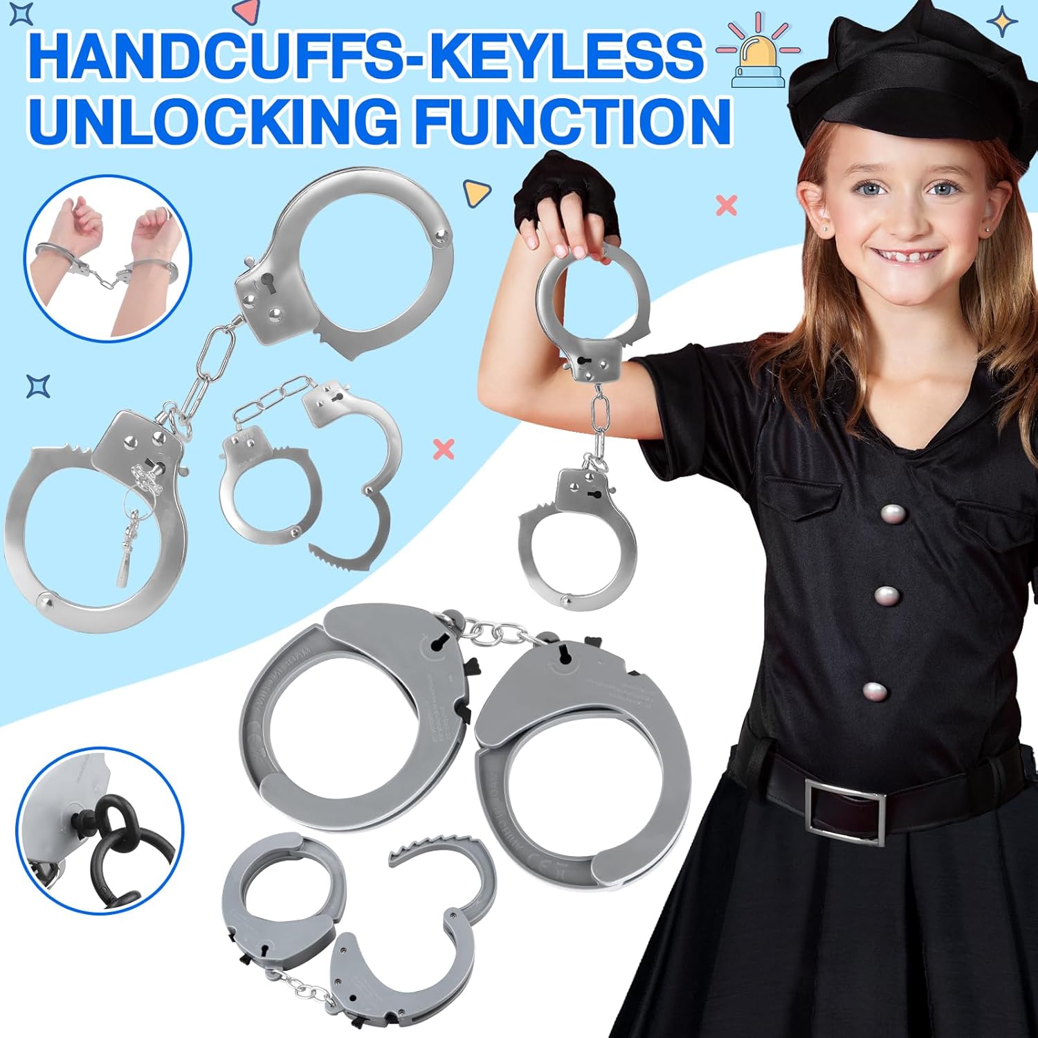 Juguetes de policía, accesorios de policía, juego de rol con esposas, llaves de esposas, luz de advertencia, walkie-talkie, auriculares, tarjeta de