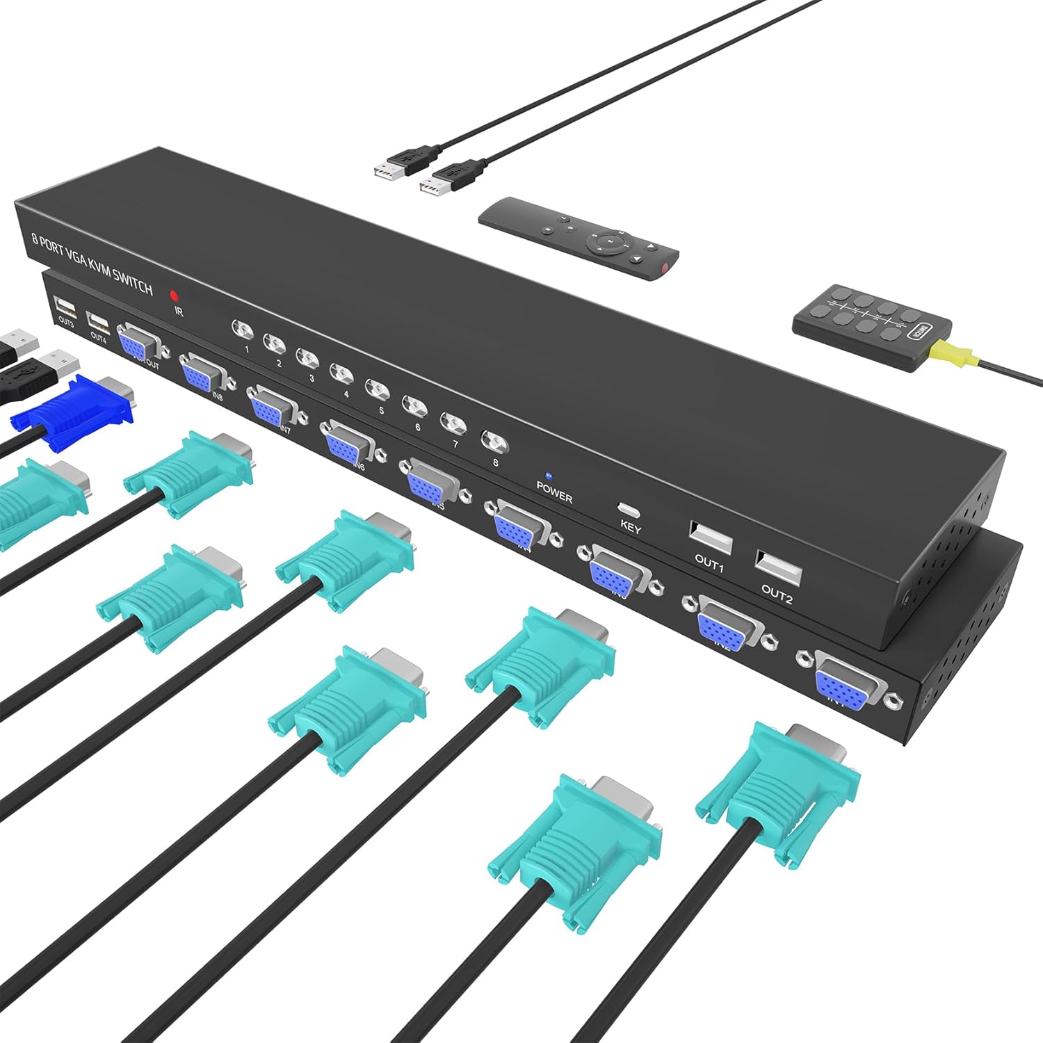Conmutador KVM VGA de 8 puertos – Interruptor KVM con control remoto, conmutador USB 8 computadoras comparten 1 monitor, 4 concentradores USB 2.0,